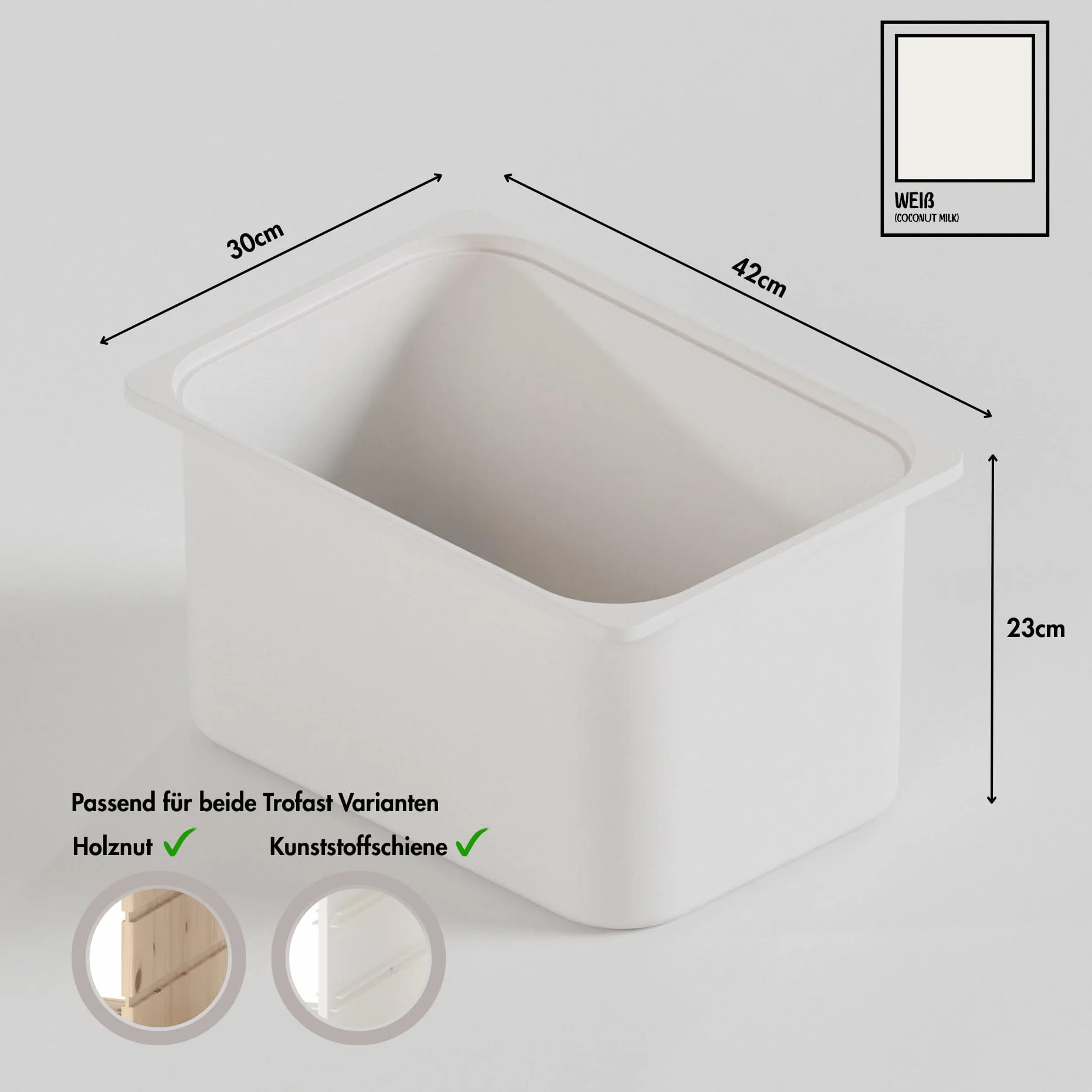 TRÖVI Caja grande 42 x 30 x 23 cm para estantes Trofast, caja alta de plástico, blanco, beige, rosa y verde, caja de plástico profunda para habitación infantil, juguetes y hogar (blanco)