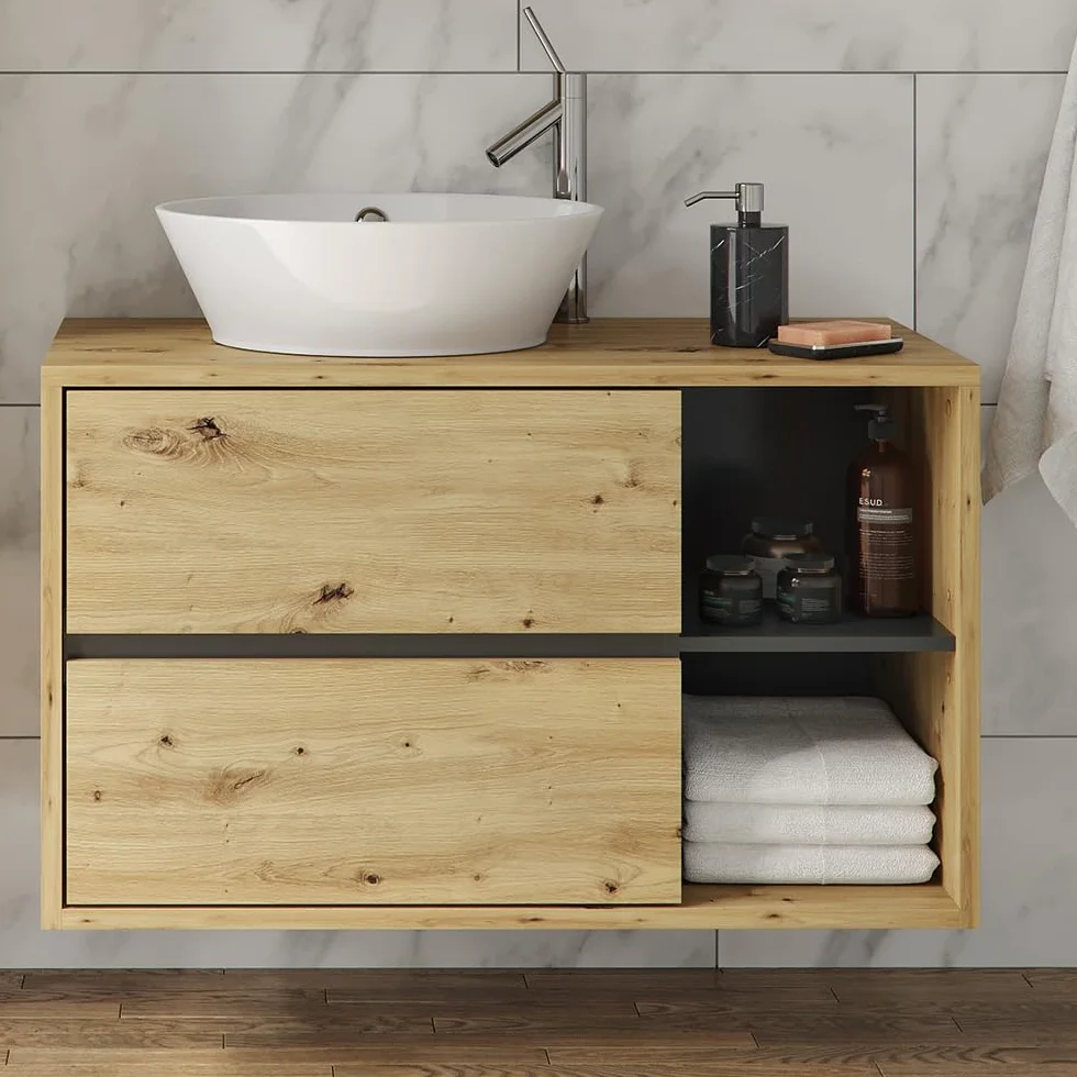 Vicco Mueble para Lavabo Viola, Roble Artesanal, 100 x 60 cm, con Recorte para sifón y estantes Abiertos para Montaje en Pared