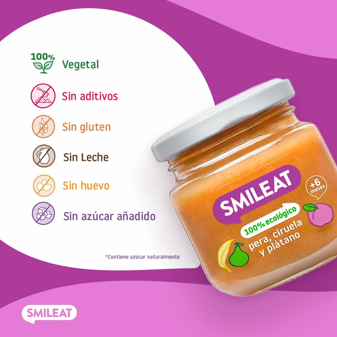 Smileat Tarrito de Frutas Ecológicas Pera Ciruela Plátano 130g +6 Meses Sin Azúcar Añadido