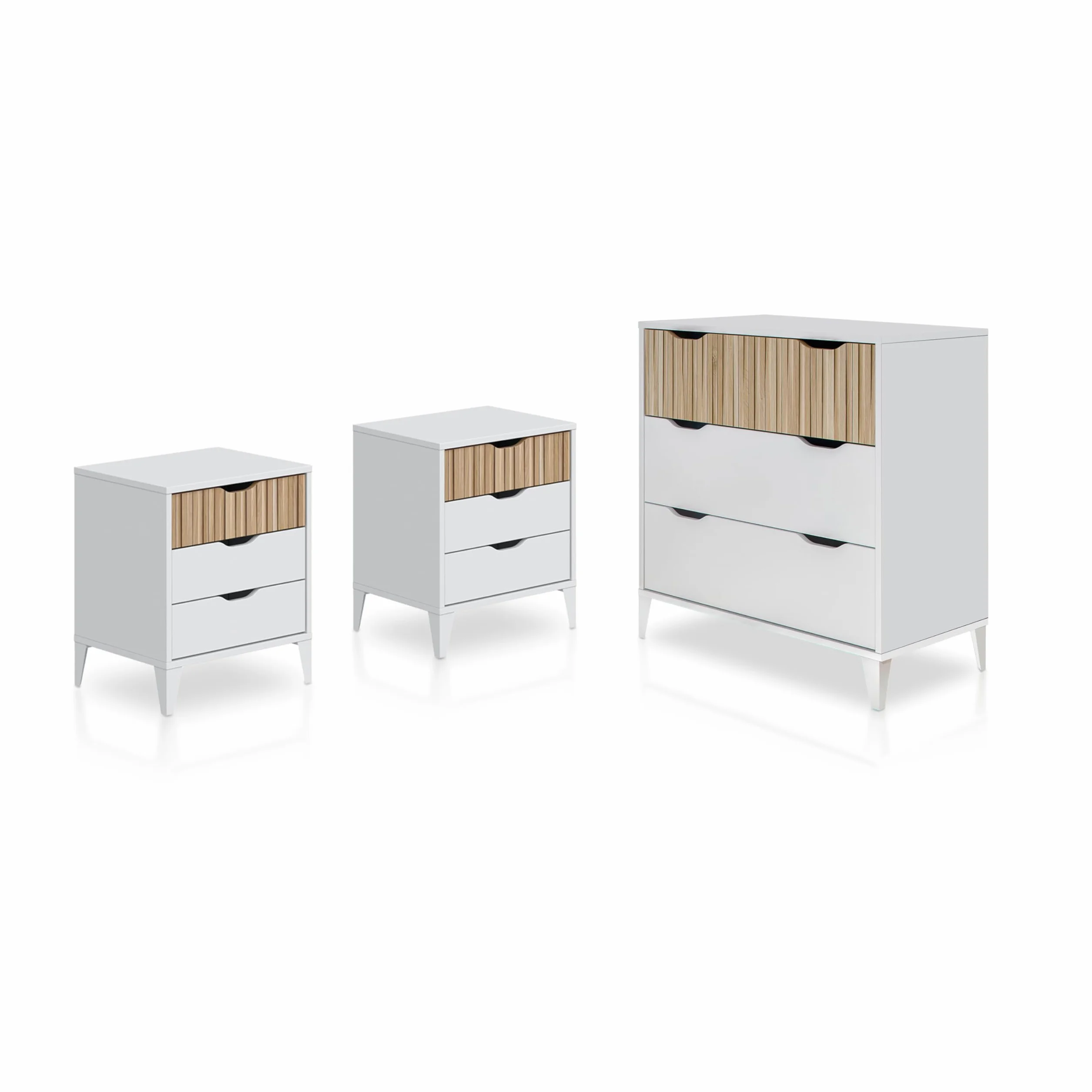 duehome | Pack de Dormitorio con 2 Mesitas de Noche + Comoda, Conjunto de Dormitorio, Modelo Nitza On 3C, Acabado en Blanco Artik y Roble Natur