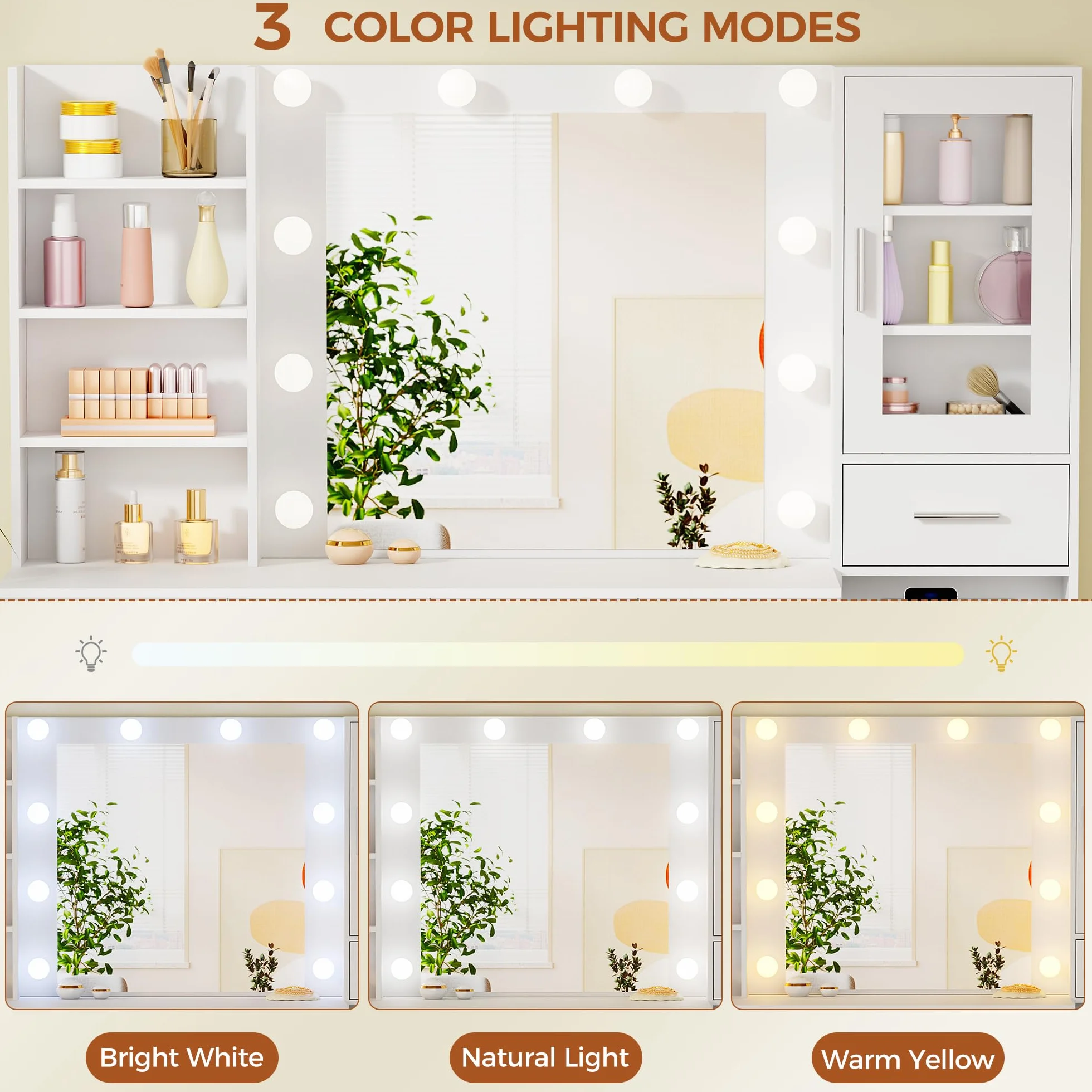 ANWBROAD Grande Tocador con luz LED, Brillo Regulable,Tocador de Maquillaje con Espejo y Enchufes, Mesa de Maquillaje con 15 cajones y 7 Estantes Abiertos para Dormitorio,Blanco Moderno BDT37W