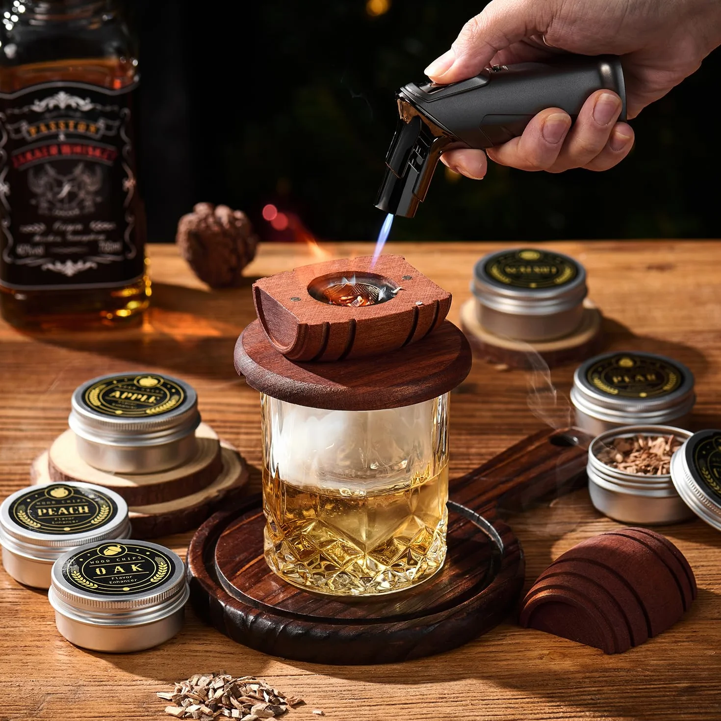 Kit de ahumador de whisky con antorcha, 6 sabores, chips de madera, 2 vasos, 2 moldes de bolas de hielo