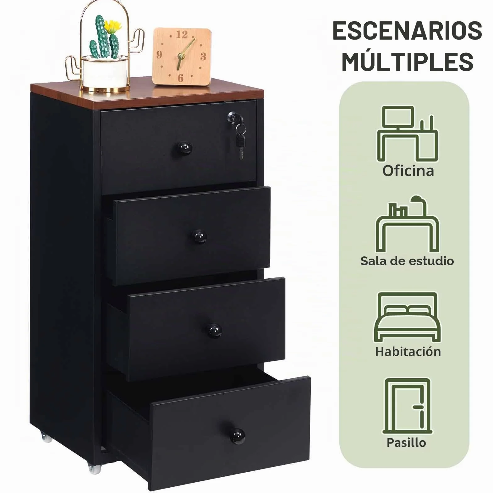HollyHOME Gabinetes móviles, gabinete con cerradura de 4 cajones, gabinete de almacenamiento de metal con ruedas para oficina en casa en formato carta A4, negro