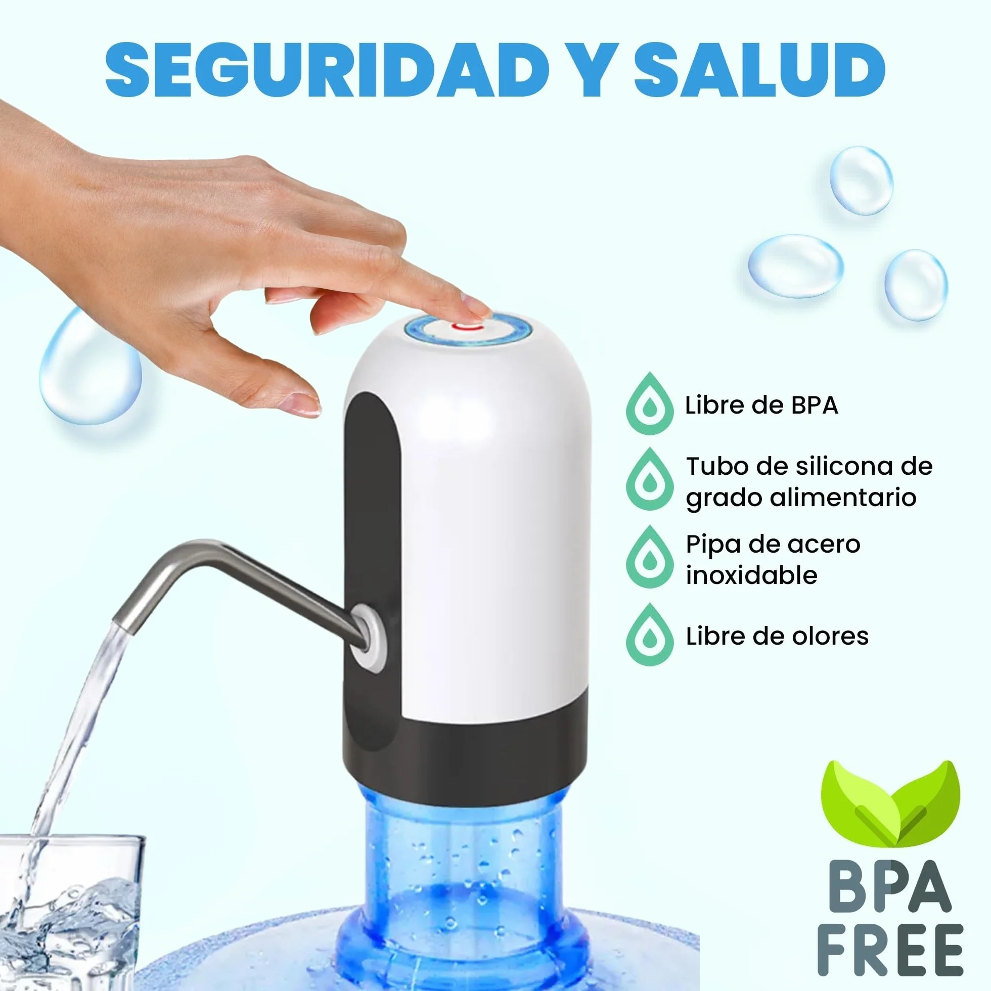 Dispensador de Agua, Grifo eléctrico para garrafas de Agua fría, Bomba dosificadora con Dos adaptadores. 5.7L, 10L, 11.3L, 15L, 18.9L.