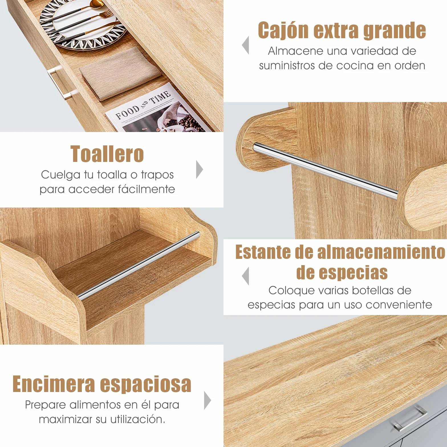 GOPLUS Carro de Cocina, Isla de Cocina con Servicio Multifuncional, Armario de Cocina con Toallero y Estante para Especias, 116 cm x 40 cm x 85 cm (Natural)