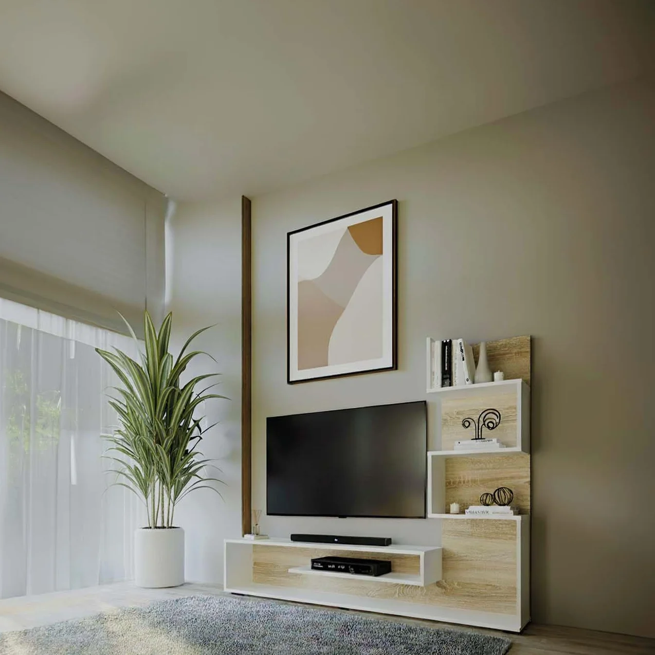 duehome | Mueble de Salón, Composición Modular de TV, Modelo Moobi 160, Acabado en Blanco y Roble Canadian, Medidas: 160 cm (Largo) x 29 cm (Fondo) x 124 cm (Alto)