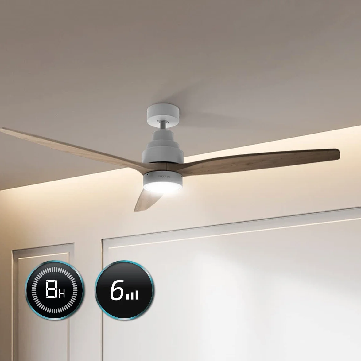 Cecotec Ventilador de Techo con Luz EnergySilence Aero 5300 White&Wood Design. 30W, Diámetro 52” con 3 Aspas, Motor DC, Luz LED, Mando a distancia, Temporizador y Modo Winter-Summer