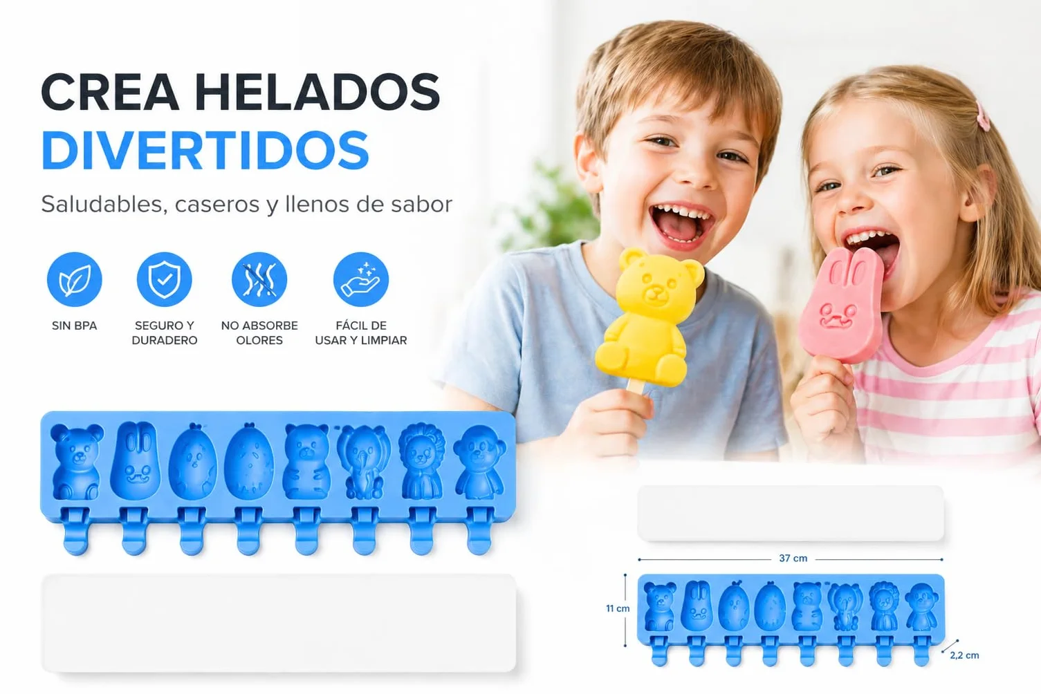 Molde Premium de Silicona para Helados 8 Cavidades, Reutilizable, Libre de BPA, Animales