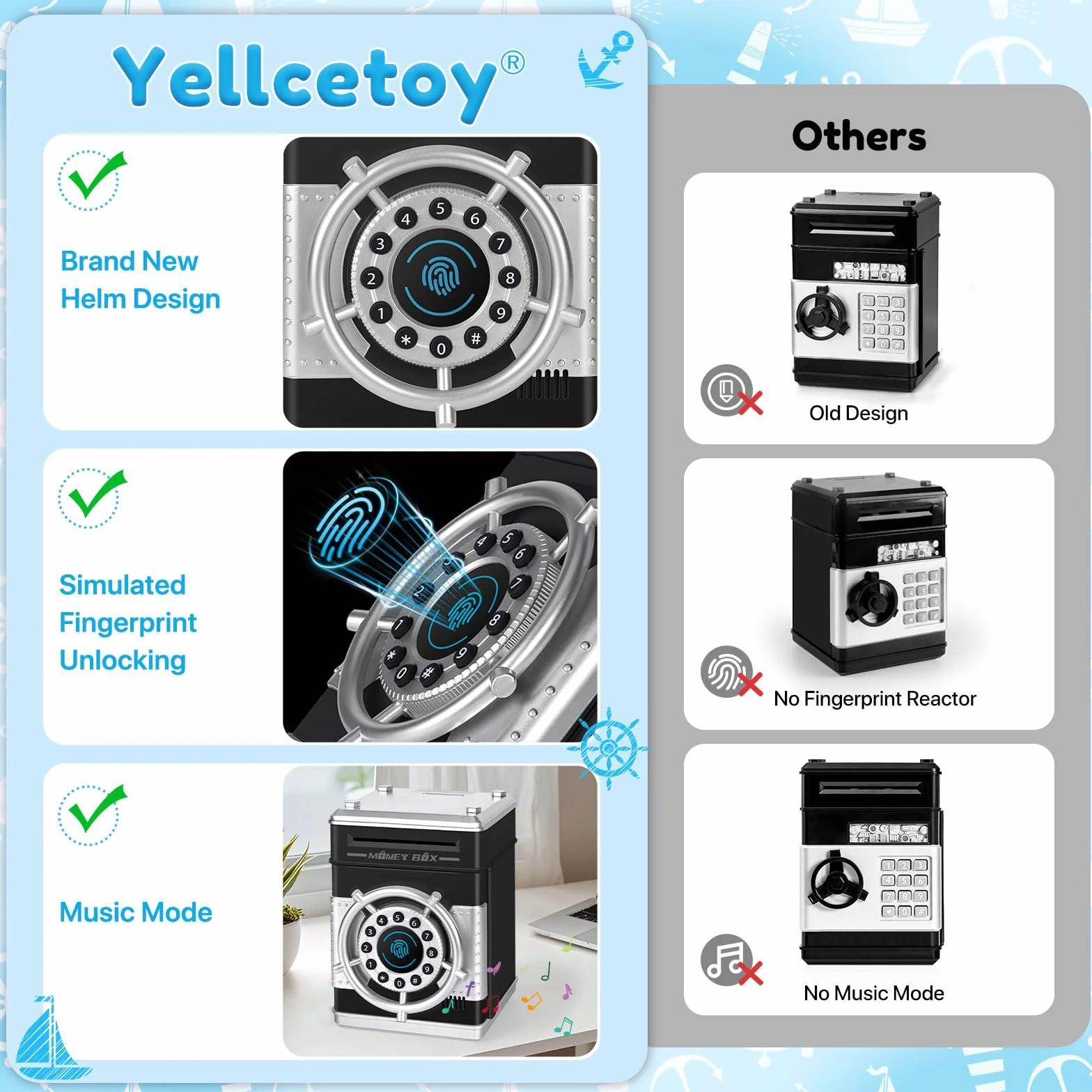 Yellcetoy Hucha Electrónica para Niños, Timón Caja Fuerte con Código de Seguridad y Música, Cumpleaños Navidad Regalos para Niño Niñas 3 4 5 6 7+ Años Negro