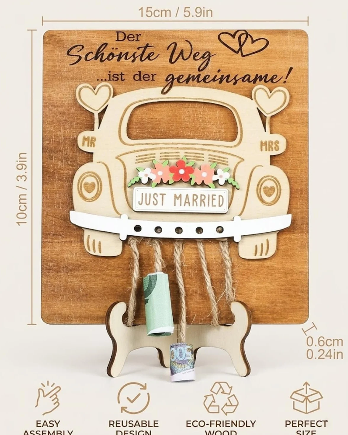 Regalo de Boda Original de Madera para Pareja, Coche con Soporte, Decoración para Novia y Novio