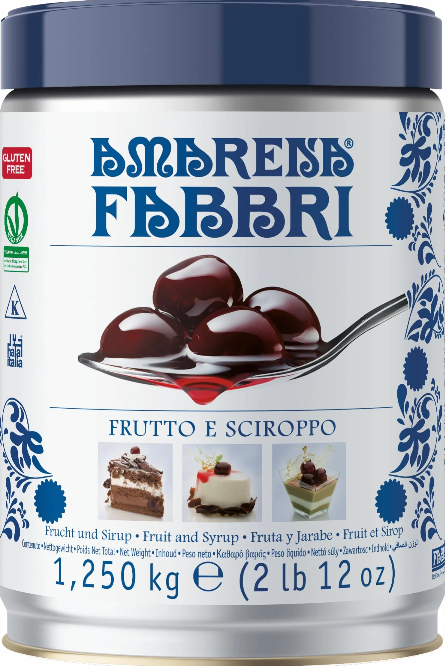 Fabbri Amarena en almíbar 1,25 kg sin gluten elaborado en Italia