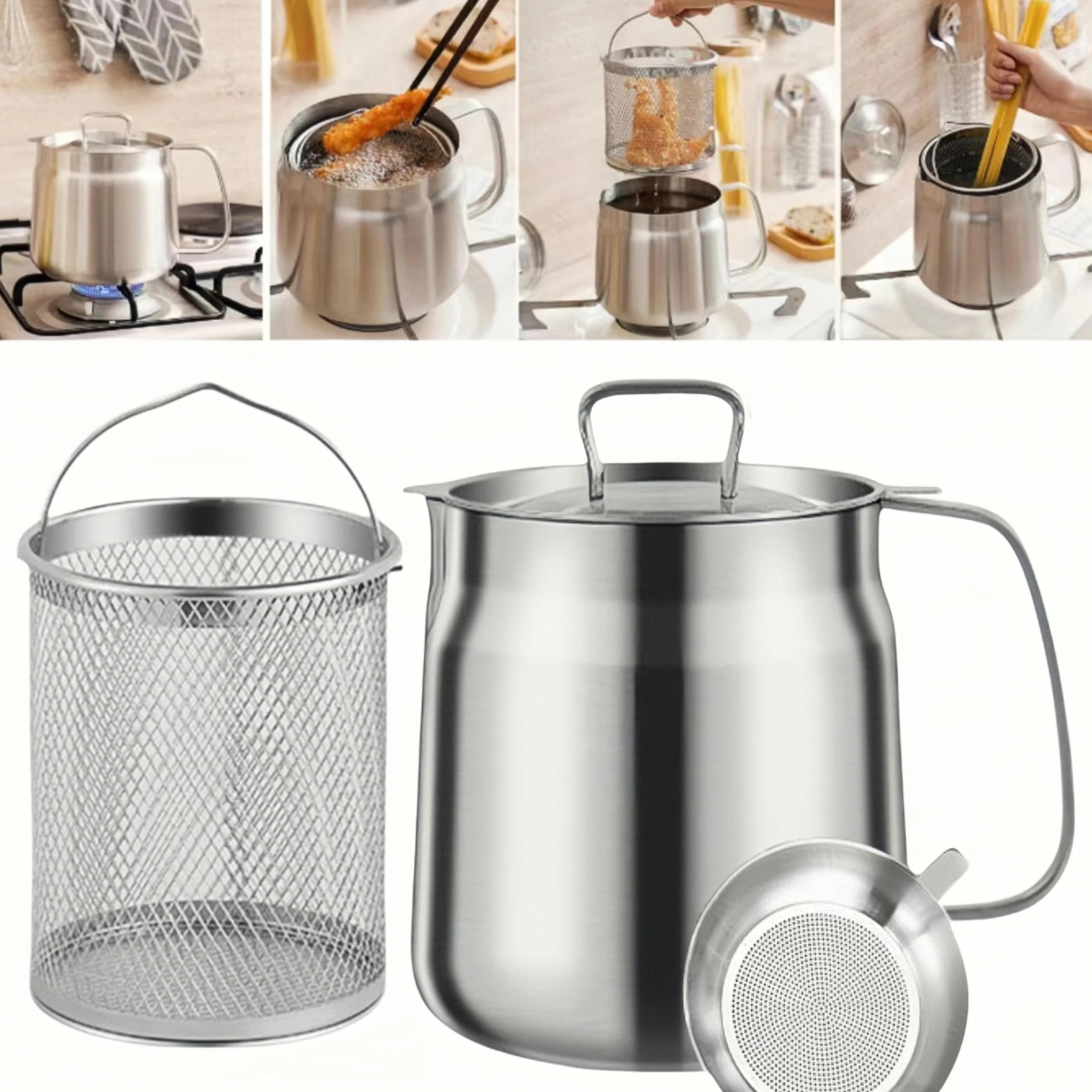 Freidora profunda de acero inoxidable 304 de 50 onzas con cesta y colador, recipiente de grasa de tocino de gran capacidad para cocina, freír, cocinar, acampar, contenedor de filtro de aceite, apto