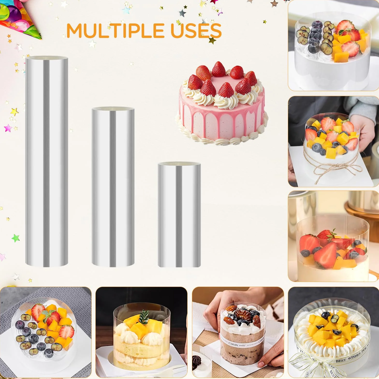 AiQInu Rollo de Acetato Transparente 4 Rollos,(15cm/10cm/8cm/6cm x 10m), laminas de Acetato Repostería Reutilizables para Tartas para decoración de Tartas,Chocolate,Mousse,Pasteles,Postres