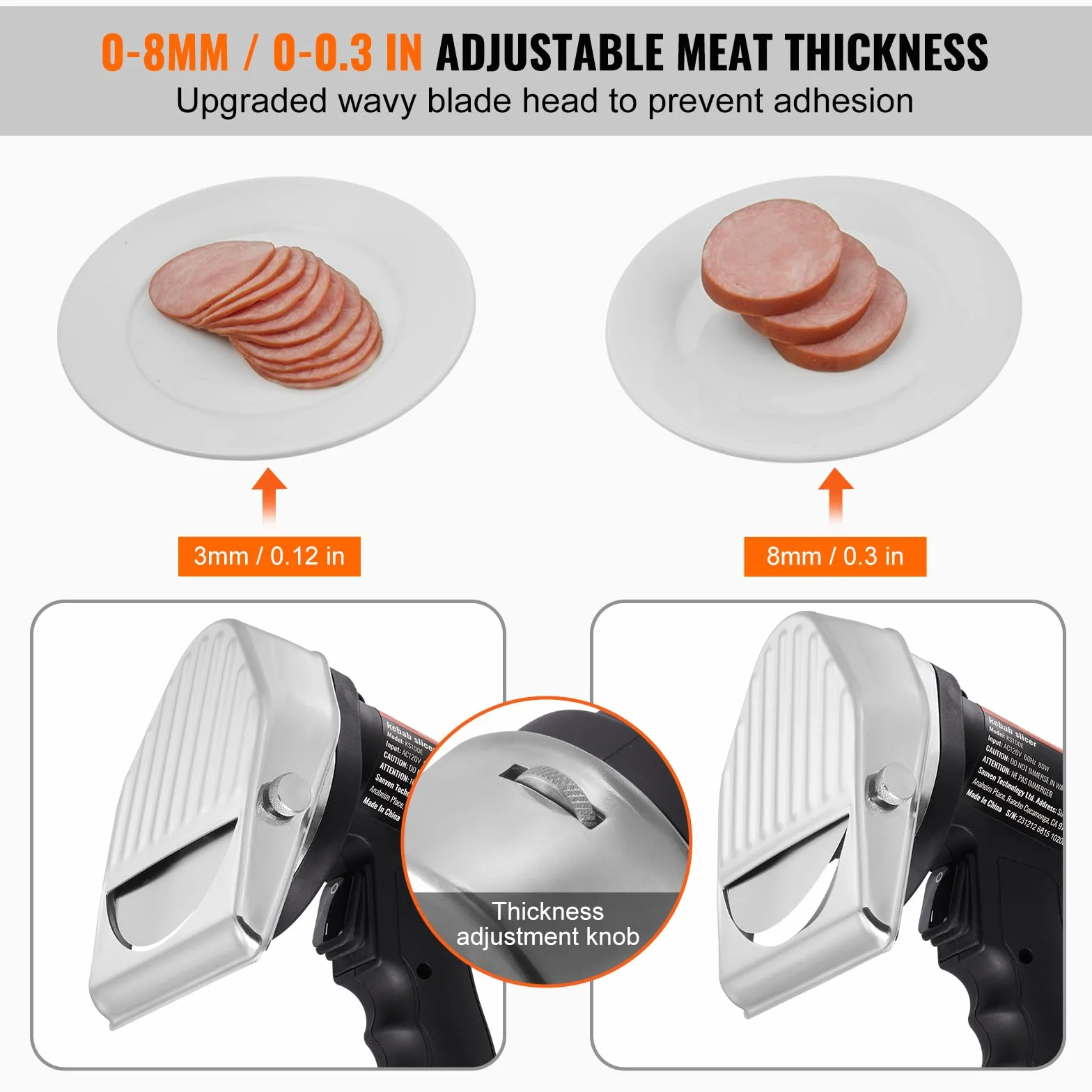 VEVOR Cuchillo Kebab Eléctrico 80 W, Shawarma Döner Kebab Cortador de Carne Turco Comercial de Acero Inoxidable, con 2 Cuchillas Diámetro 100 mm, Grosor Ajustable 0-8 mm, para Restaurante, Snack-bar