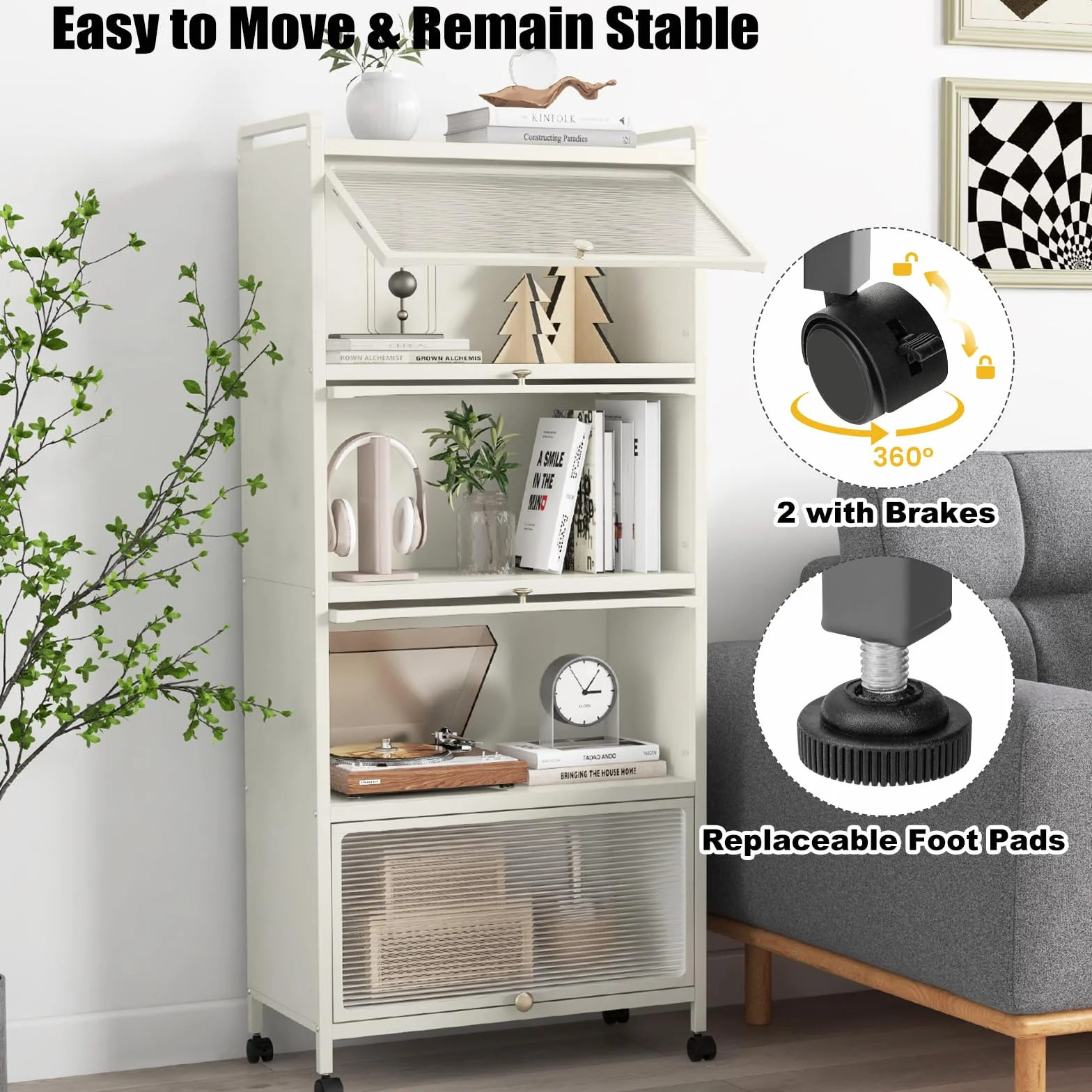 KOMFOTTEU Estantería de Cocina de 5 Niveles, Armario con 4 Ruedas y Puertas Transparentes, Mueble de Almacenamiento de Metal con Dispositivo Antivuelco para Comedor, 60 x 32 x 154 cm (Blanco)