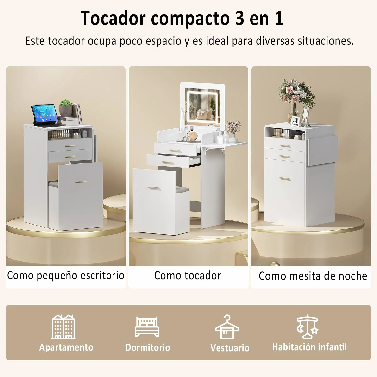 YU YUSING Tocador 3 en 1 con Espejo Abatible, Tocador con Taburete