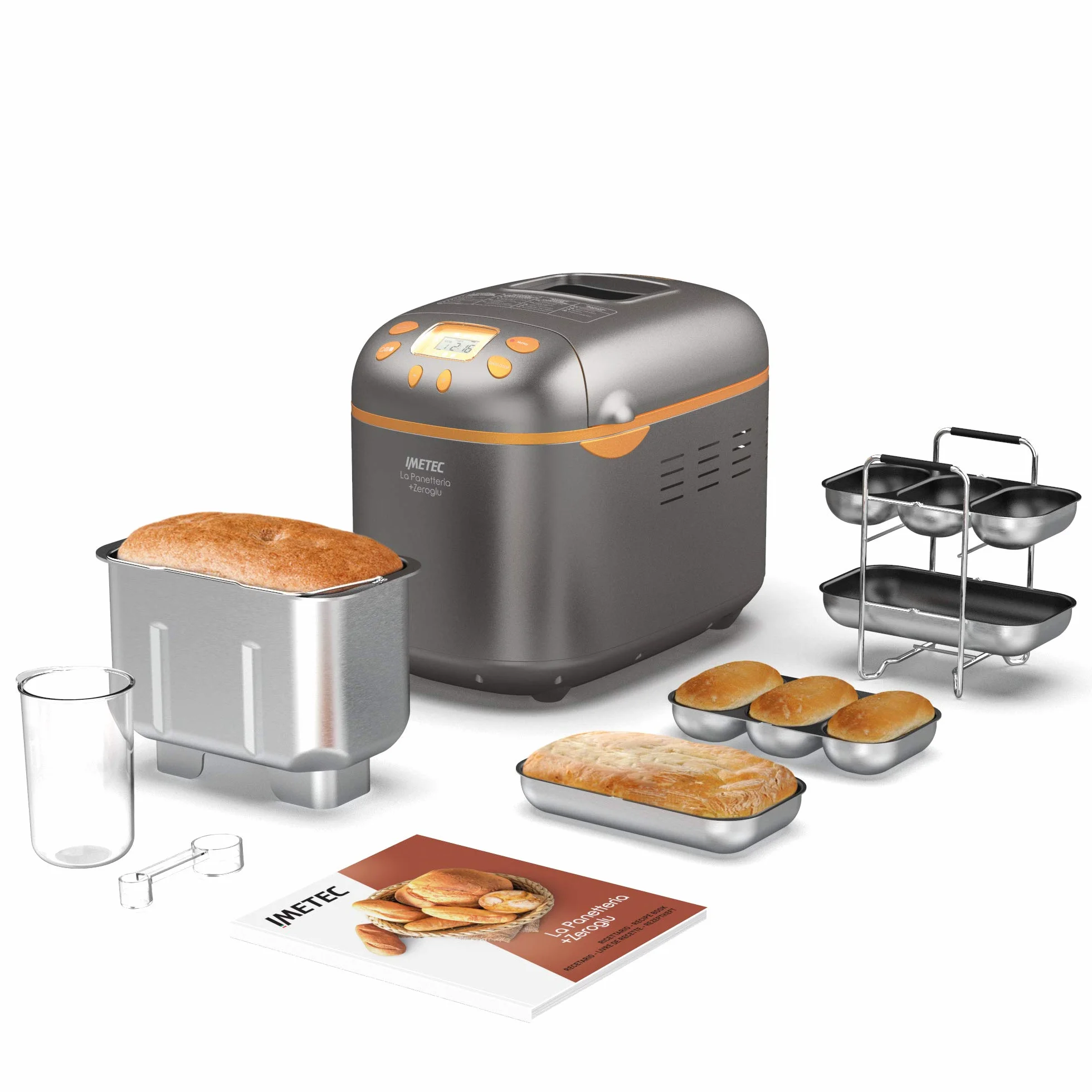 Imetec Panificadora La Panetteria+Zeroglu, 20 programas para pan, chapatas, panecillos, dulces con harinas naturales y sin gluten, 2 palas de amasado, temperatura controlada de fermentado, recetario