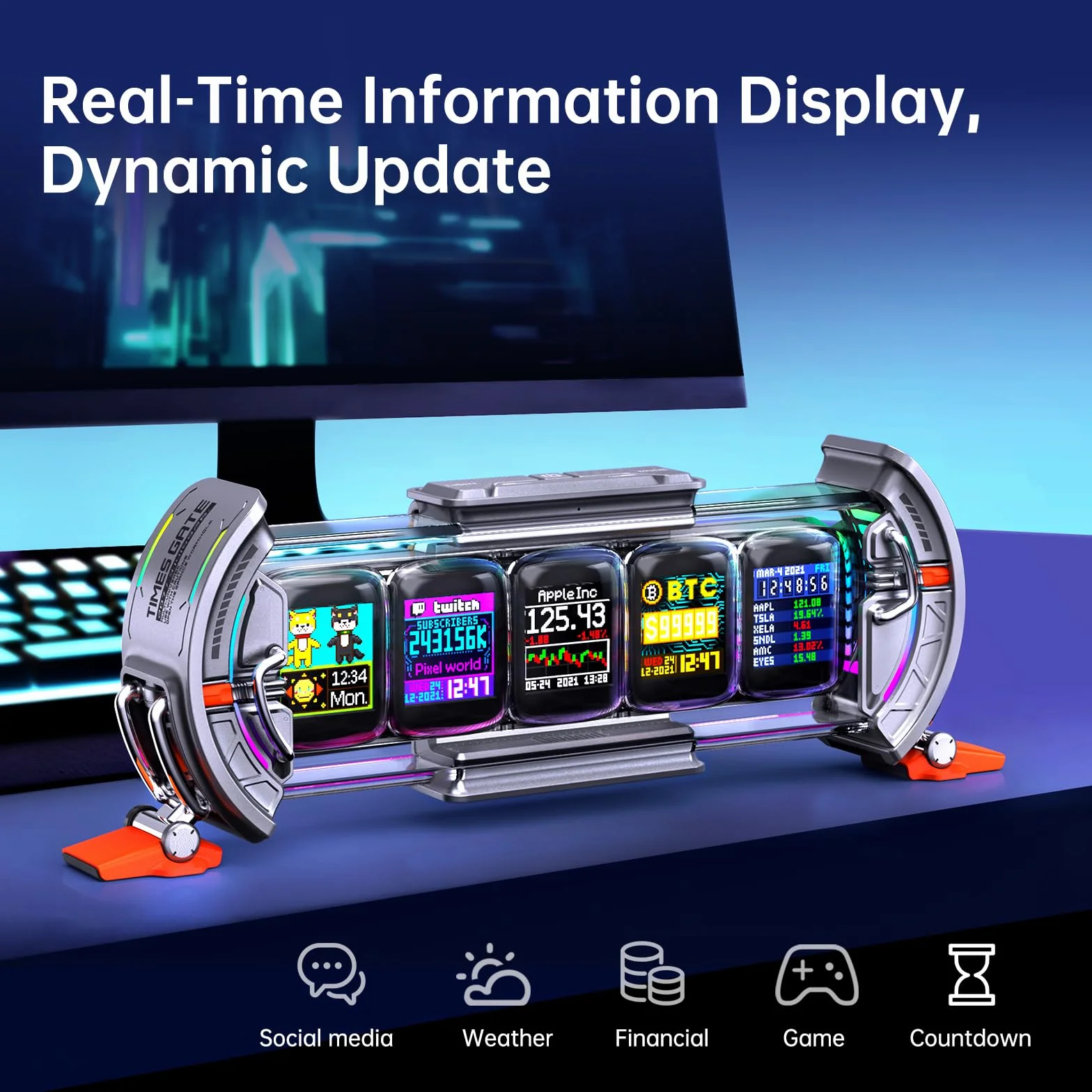 Divoom Times Gate WiFi Pixel Art Pantalla Informativa,5pcs 128 * 128 IPS Pantalla,LED Digital Reloj Luces Decorativo con App Control para Gaming Room Table Setup Decoración