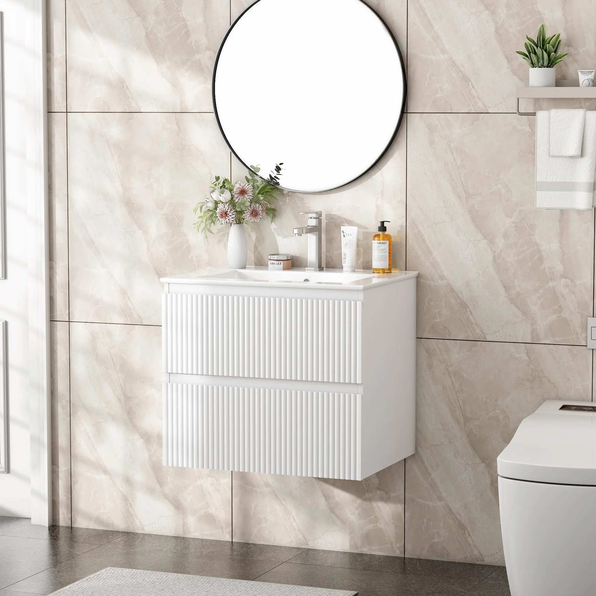Mueble de Baño Suspendido 60 cm con Lavabo de Cerámica y 2 Cajones Profundos | Panel con Acabado Estriado Vertical, MDF E1 Antihúmedo, Blanco