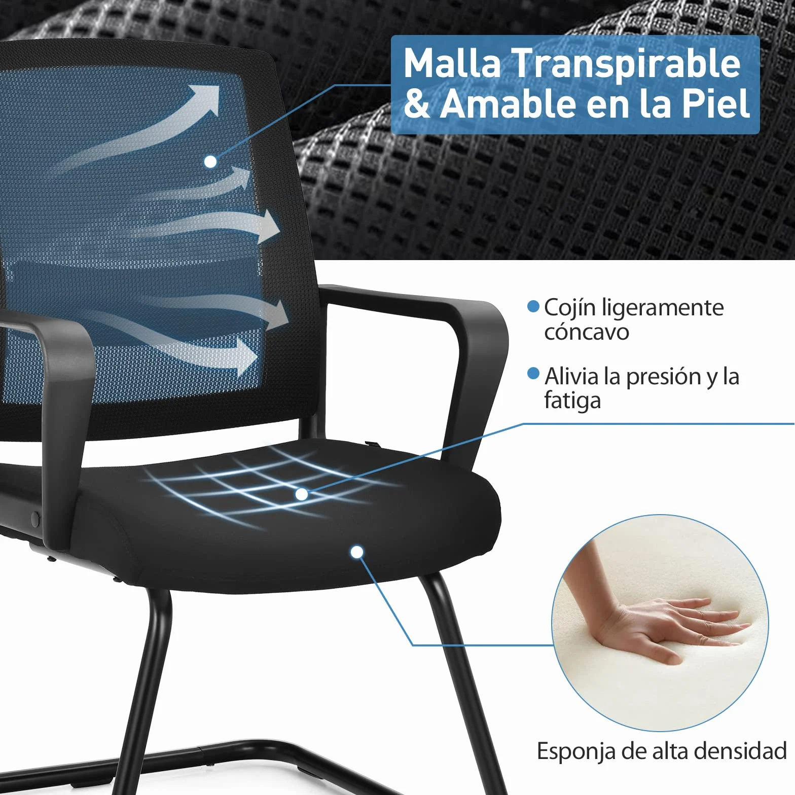 COSTWAY Silla de Conferencia, Silla de Reunión con Base Resistente Forma de Trineo, Sillas Cantilever Respaldo Ergonómico y Asiento Acolchado, Soporte Lumbar Regulable y Reposabrazos (estilo1, 1)