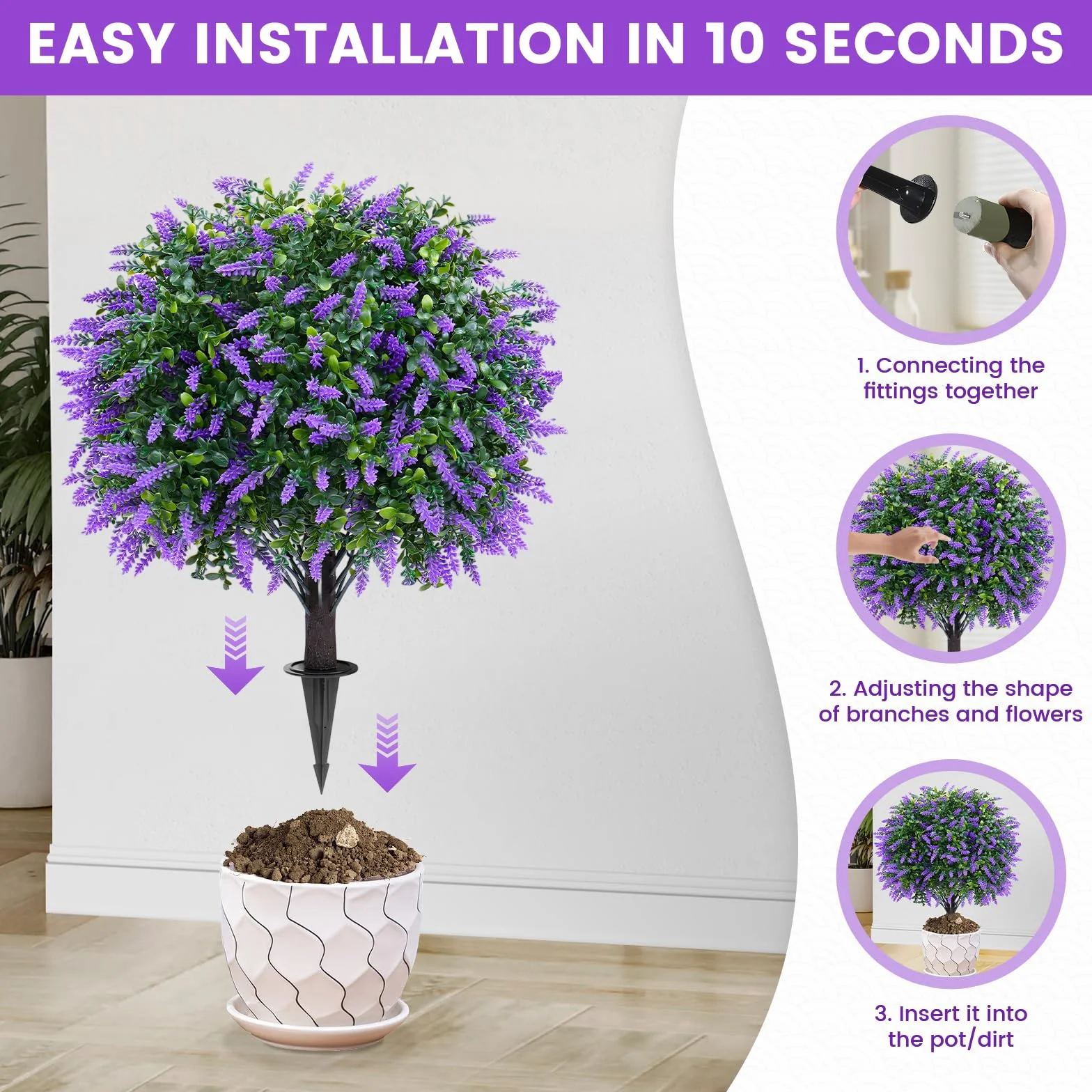 2 bolas topiarias artificiales de lavanda con estaca para el suelo, árbol artificial resistente a los rayos UV para decoración de interiores y exteriores, plantas artificiales para jardín, porche