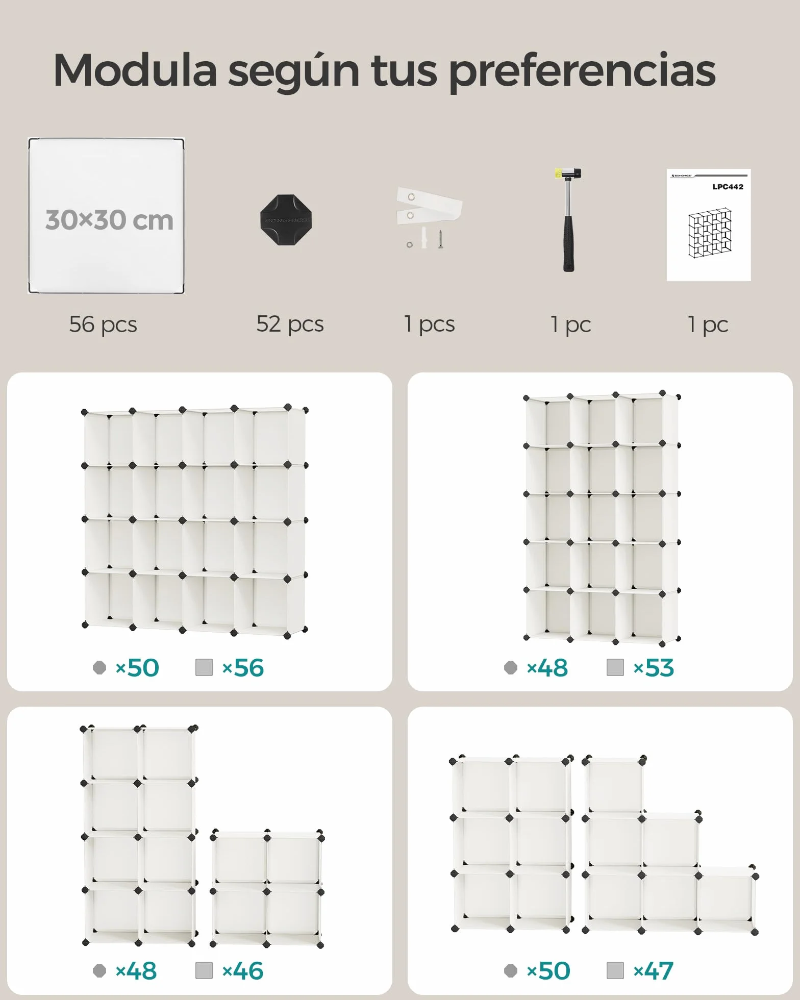 SONGMICS Armario Modular, con 16 Cubos Apilables, Zapatero Modular, Estante de Plástico PP, para Dormitorio, Oficina, 31 x 123 x 123 cm, Blanco Crema LPC442M01