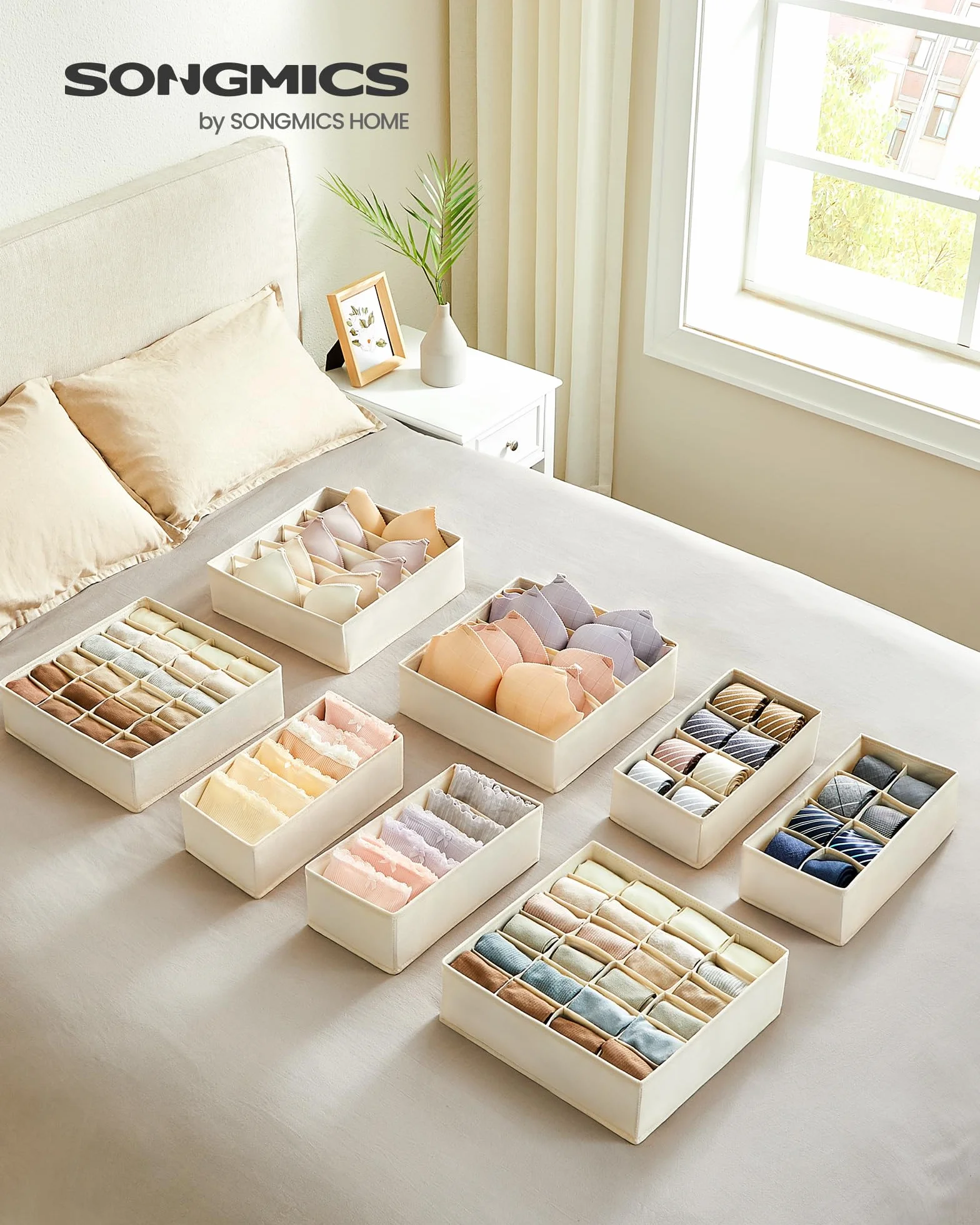 SONGMICS 8-Pack Organizadores para Cajones de Ropa Interior, Divisores Plegables, Cajas de Tela para Armario, Beige