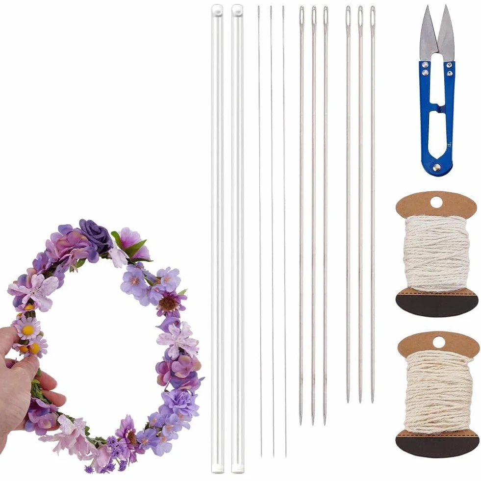 AHANDMAKER El kit de agujas Lei de 18 piezas incluye 6 agujas largas de acero inoxidable de 9.8/11.8/14 pulgadas, 3 rollos de cordel de aguja, 1 tijeras de costura para bricolaje, graduación