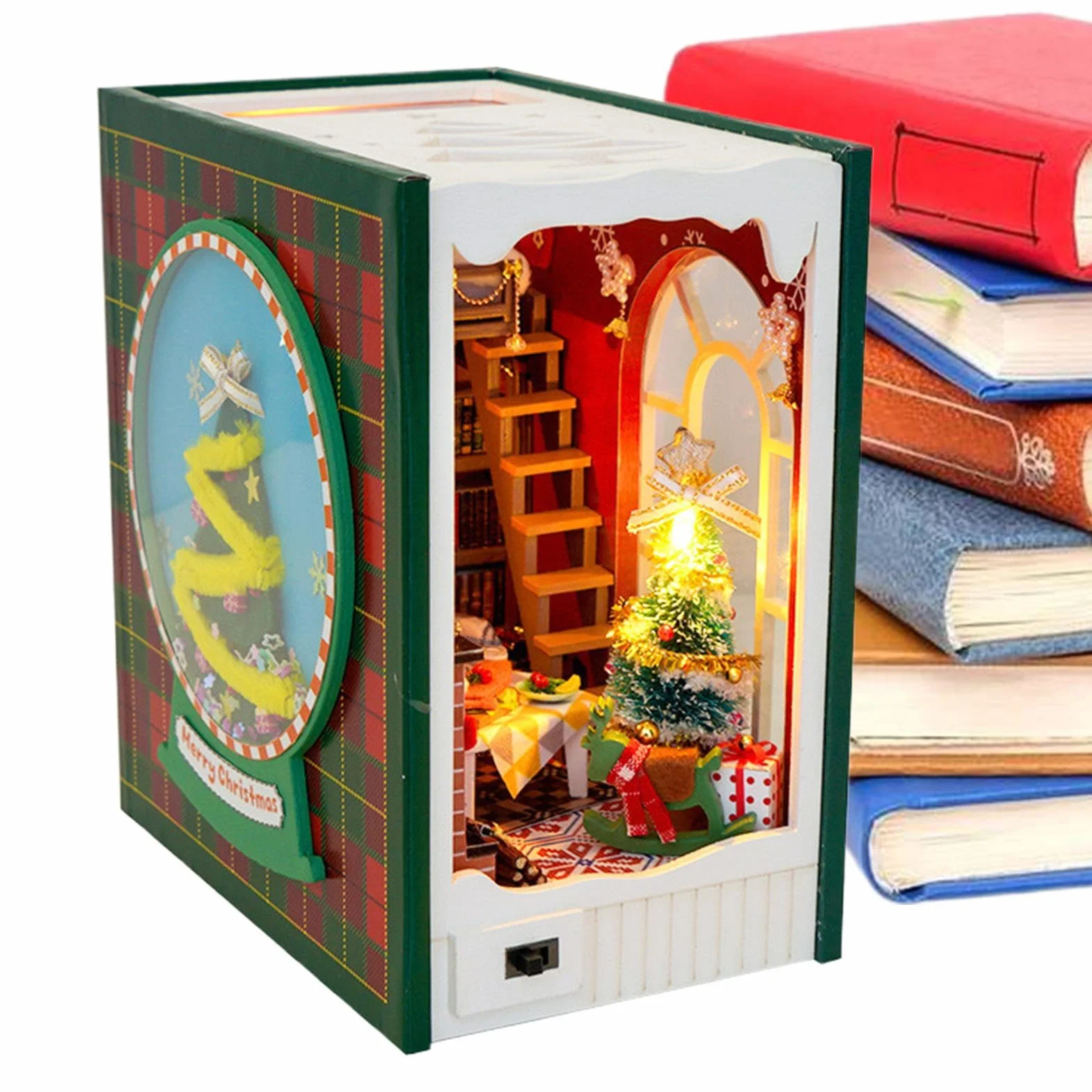 Kit de esquina de libro - Decoración de casa de Navidad, kit de decoración de estantes | Kit de construcción de casa en miniatura de madera, kit de sujetalibros miniatura decorativos, kit de casa en