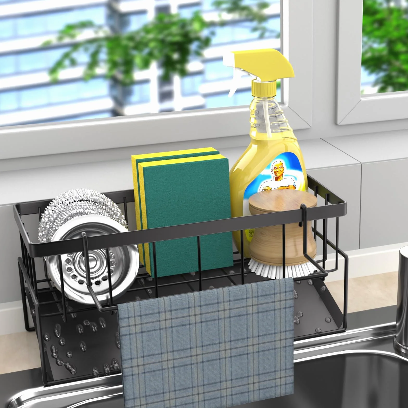 Wenrescry Organizador para Fregadero de Cocina con Bandeja de Drenaje autodrenante y Soporte para Trapos, Ideal para Cocina y baño, Organizador para cepillos, esponjas, jabón y más