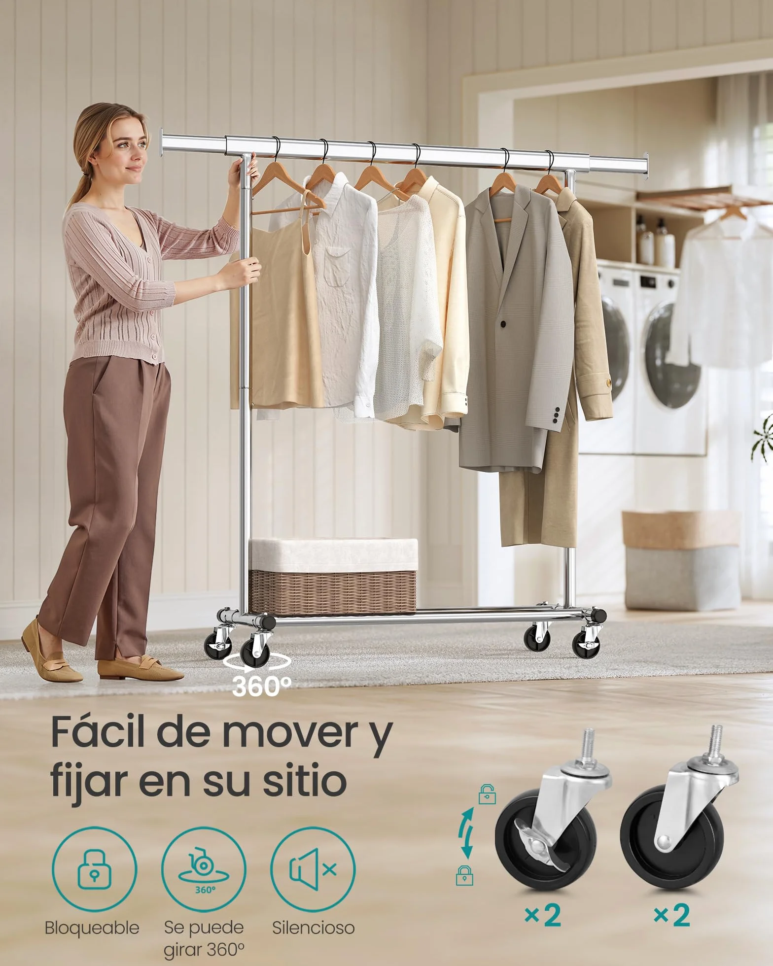 SONGMICS Burro Ropa con Ruedas Extensible 100 kg 45 x 92-132 x 161,5 cm Plata HSR13S