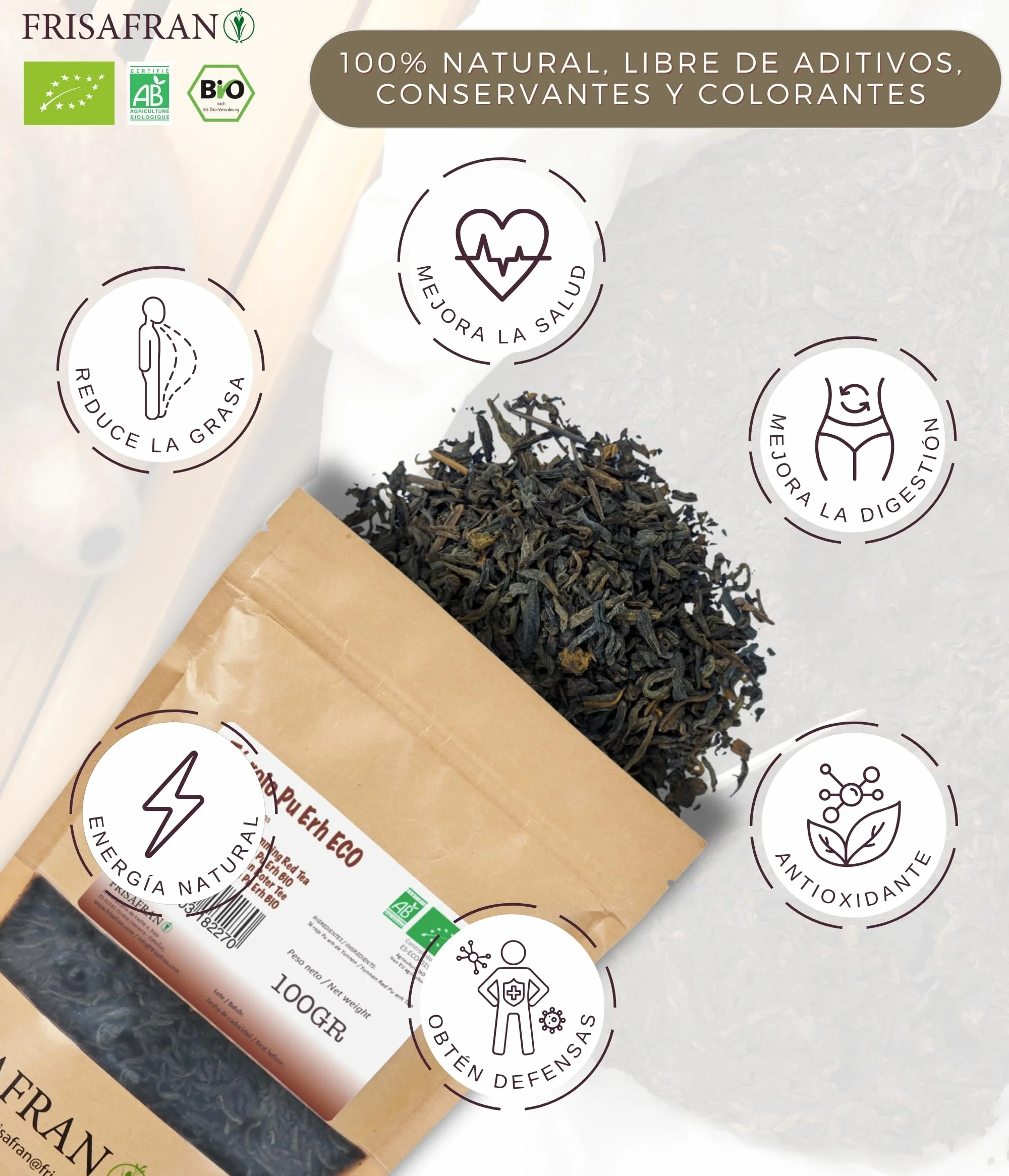 Té Rojo Pu Erh Ecológico 200g Adelgazante Diurético Digestivo Detox Quemagrasa