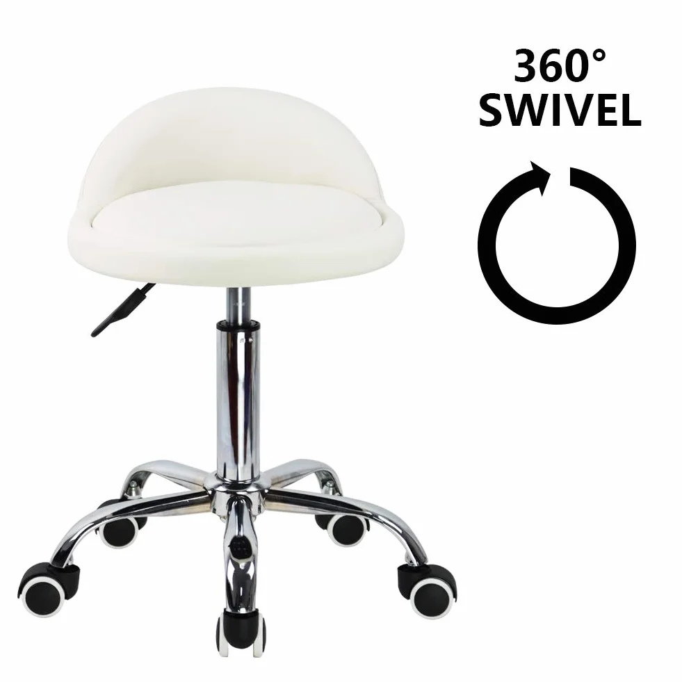 Taburete con Ruedas de Piel Sintética con Respaldo Ajustable en Altura y Giratorio, Silla de Trabajo (Blanco)