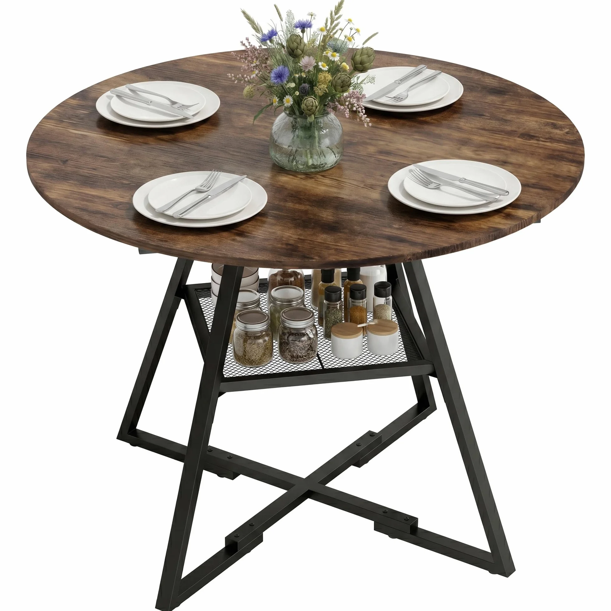 HOMCOM Mesa de Comedor Redonda, Mesa de Cocina para 4 Personas con Estante, Marco Metálico, para Sala de Estar, Ø100x76 cm, Marrón Rústico
