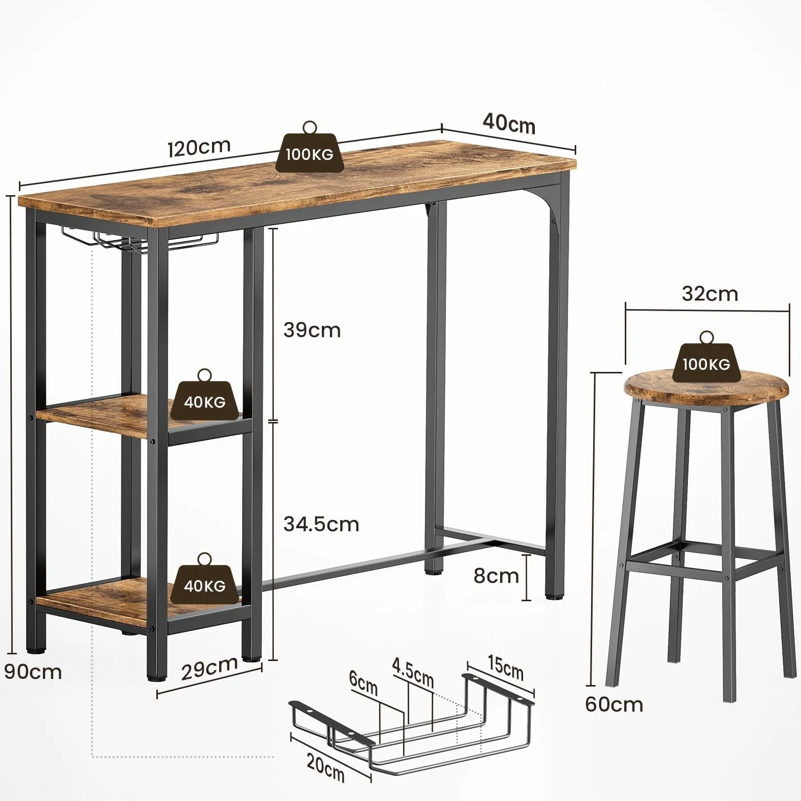 Bealife Juego de Mesa de Bar Alta con 2 Taburetes - Mesa Alta para Cocina o Salón con 2 Estantes y Portabotellas de Vino (Retro)