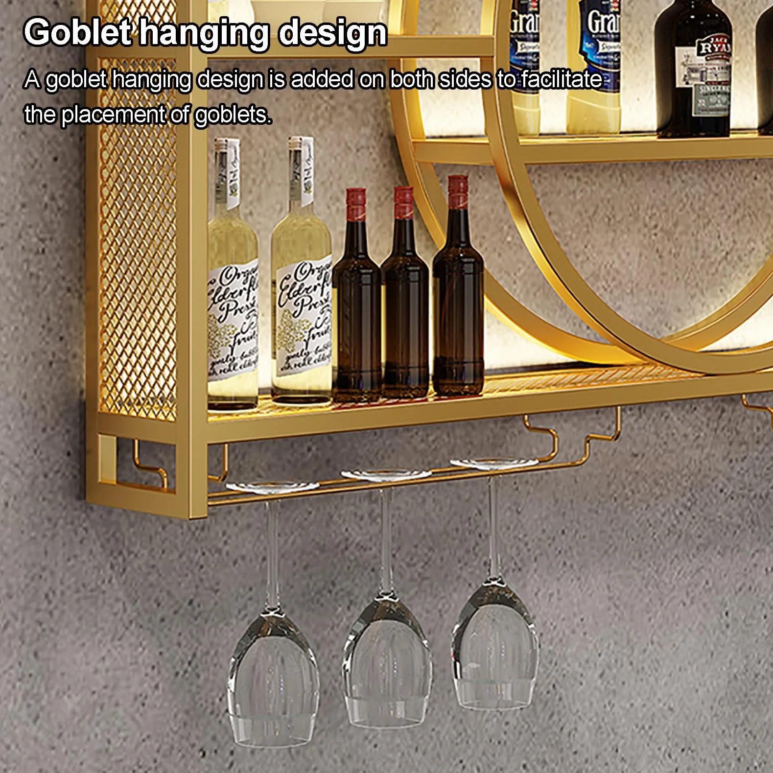 Estante de vino montado en la pared con luz , unidad de barra flotante estante de exhibición de botellas de licor, estante de almacenamiento multifuncional con soporte para copas de (100x15x80cm)