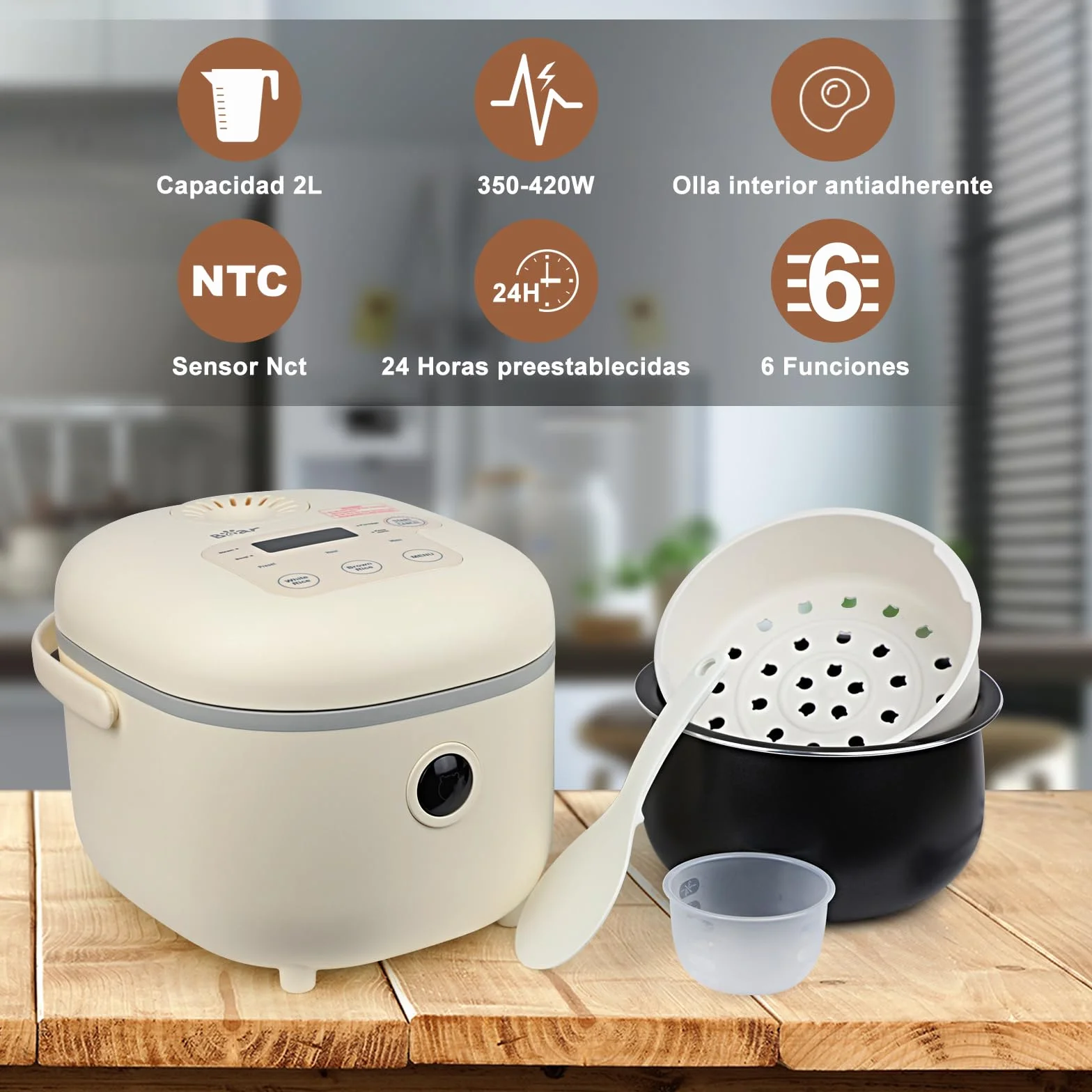 Bear Arrocera 3,5 Tazas Vaporera Mini Rice Cooker Multifuncional 350W 6 Funciones Cocción Arroz 2-4 Personas