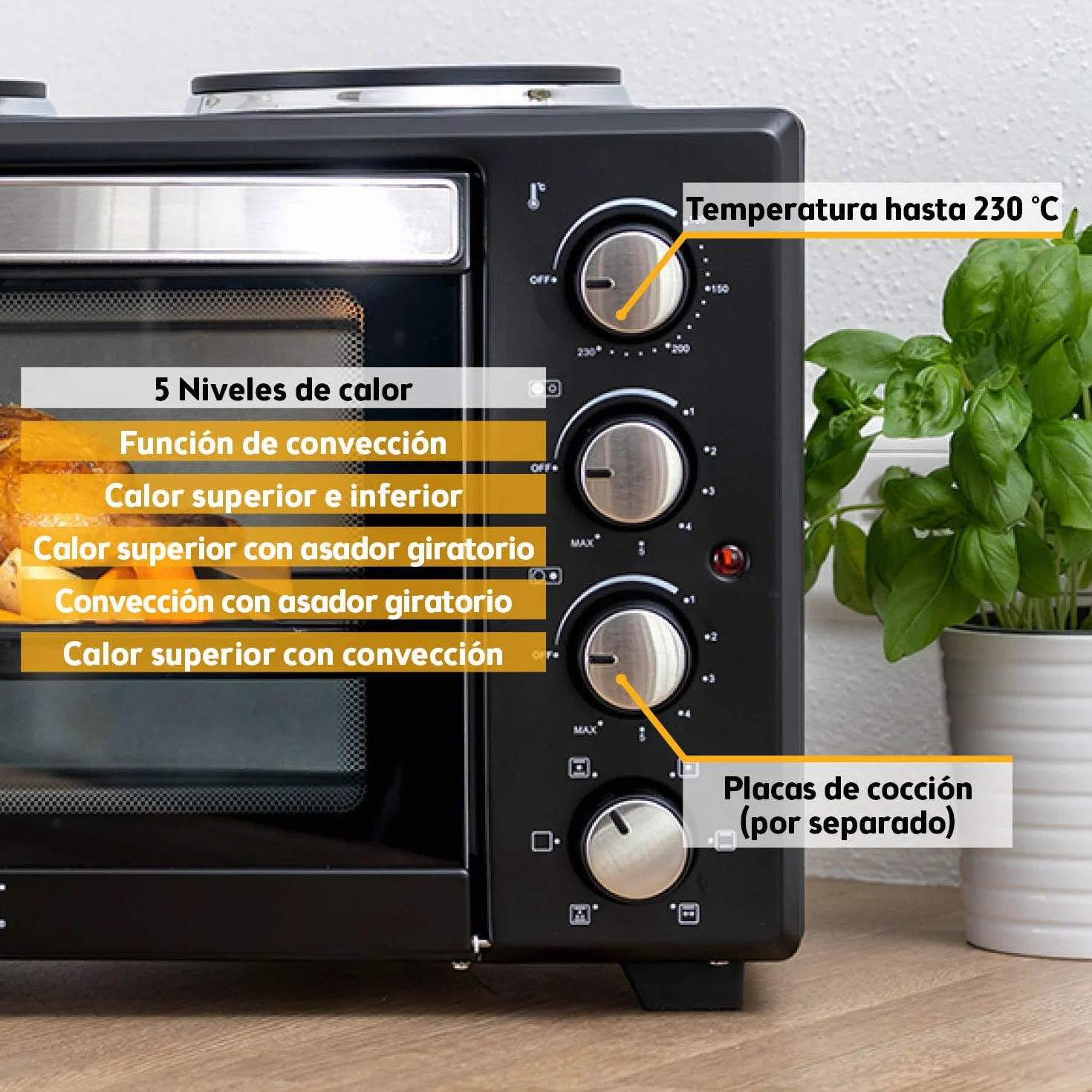 TZS First Austria Mini Horno 30L 3200W con Quemadores para Pizza 230°C 6 Modos