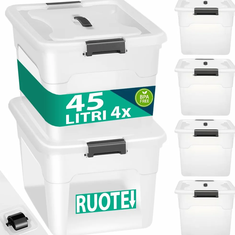 BAKAJI Juego de 4 contenedores con tapa para ropa de plástico con ruedas, portaobjetos apilables para almacenamiento de ropa, cajas para armario, juguetes, libros, ahorra espacio (4 x 45 l alto)