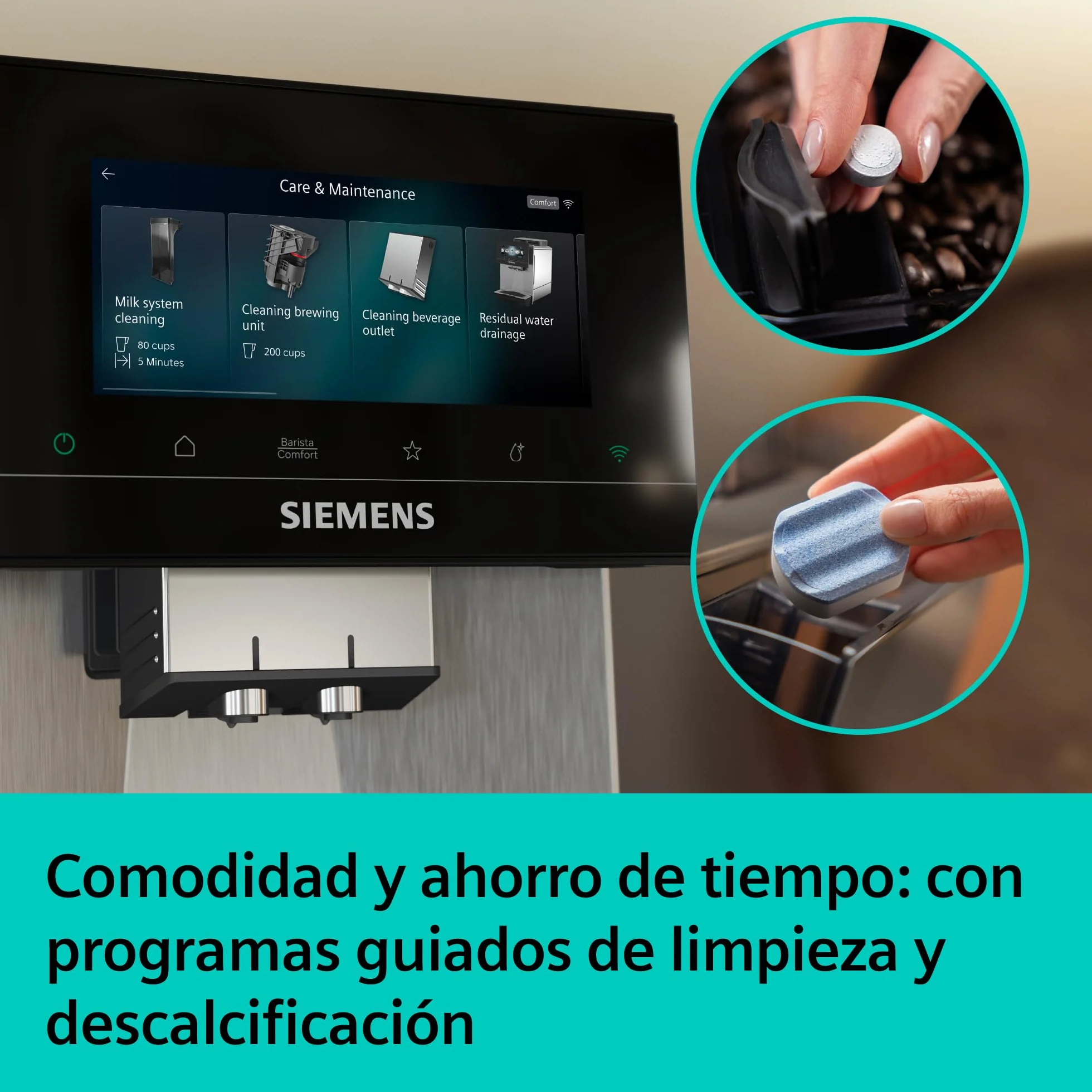 SIEMENS, cafetera superautomática, EQ900 iAroma, sabores personalizados, molienda precisa, pantalla grande para uso intuitivo, dos depósitos para granos diferentes, inox, TQ927E03