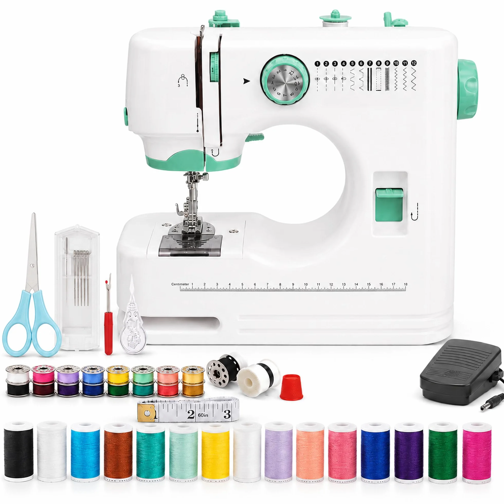Pequeña máquina de coser eléctrica portátil para principiantes, 12 programas de costura, iluminación LED, juego de accesorios de 42 piezas, ideal para viajes
