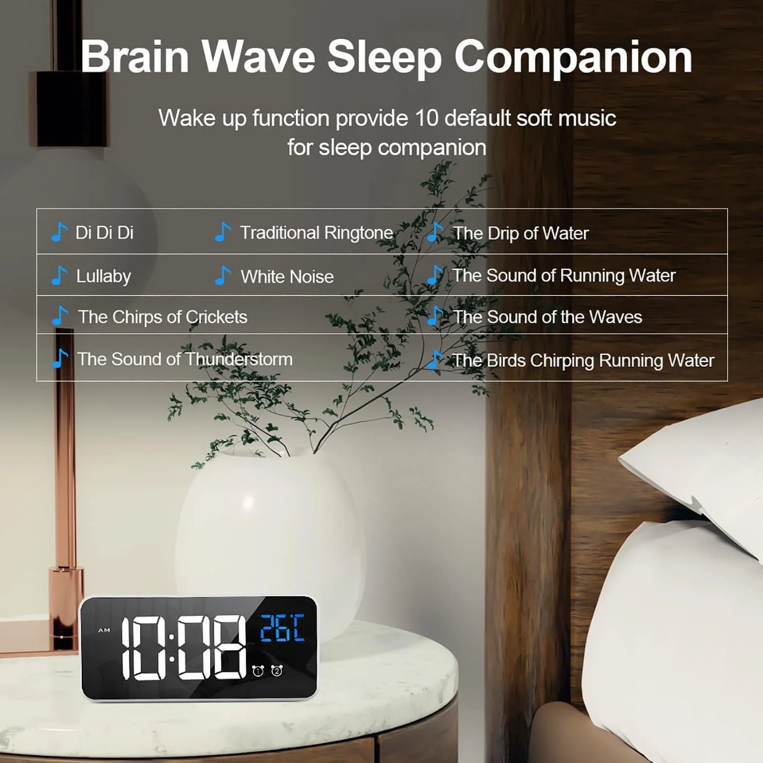 LATEC Reloj Despertador Digital LED con Espejo, Doble Alarma, Temperatura, USB, 10 Melodías, Brillo Ajustable, 12/24H Blanco