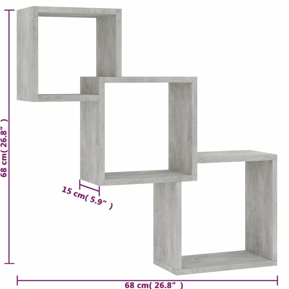 vidaXL Estantes de Pared Cubo Contrachapada Decoración Gris Hormigón 68x15x68cm