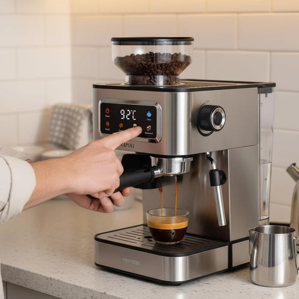 PRIXTON Cafetera Espresso Napoli con Molinillo Integrado 22 Niveles, 20 Bares, 1350W, Filtro de Doble Salida, Vaporizador ajustable, Compatible con Café en Grano, Molido y Cápsulas (Reacondicionado)