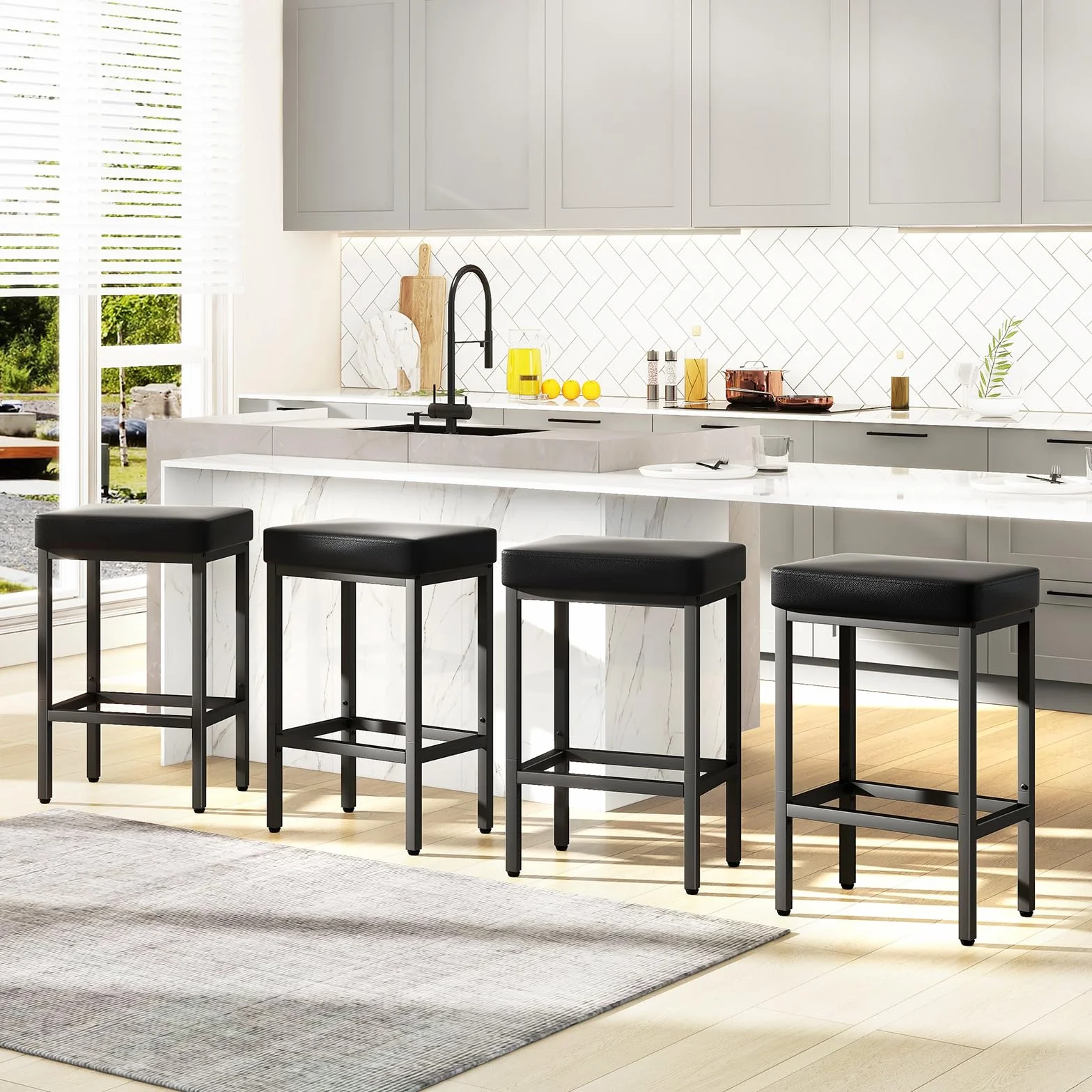 YMYNY 66 cm Taburetes Altos de Cocina, Negro Cuero de PU Taburete Alto, Taburetes de Cocina con Cojín de 6 cm De Grosor y Base de Metal, HBS513B-2