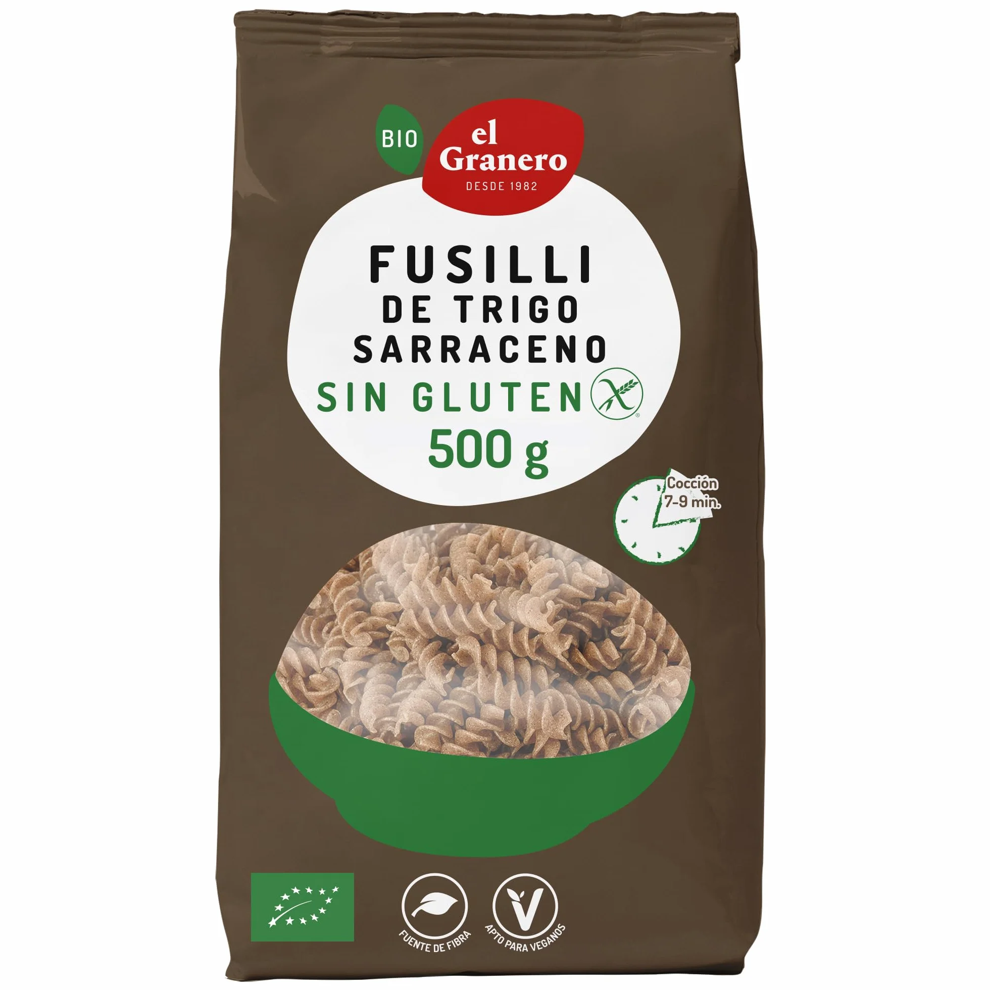 El Granero Integral Fusilli de Trigo Sarraceno Sin Gluten BIO 500 g Alto Contenido en Proteínas