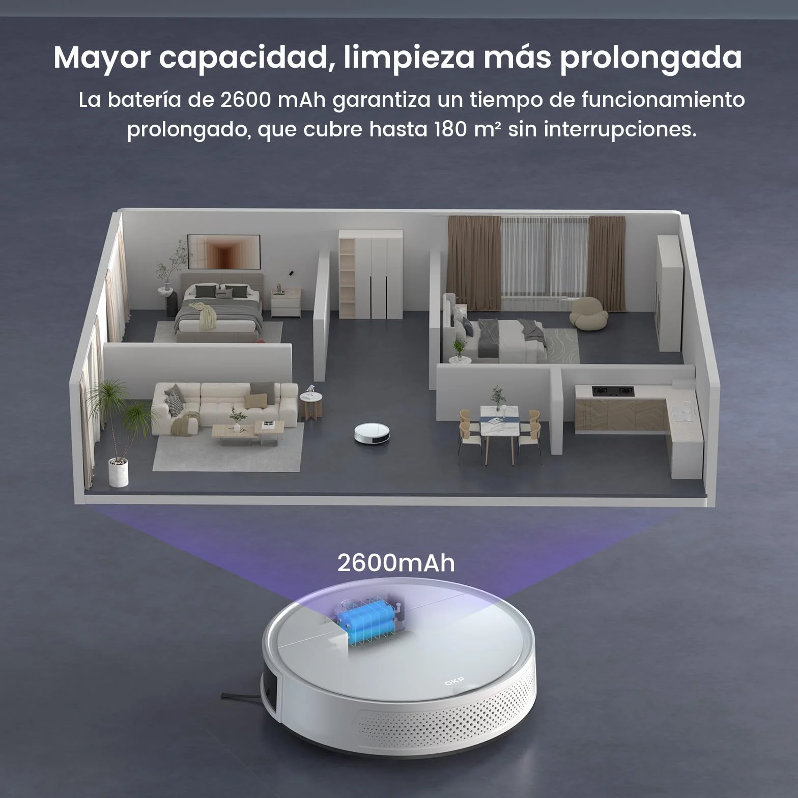 OKP Robot Aspirador y Fregasuelos, 5000pa, 180min, 190° PSD Evitación Precisa Obstáculos, Carga Automática,Aumenta Succión en Alfombra, Robot Aspiradora con 4 Modos de Limpieza, WiFi/App/Alexa