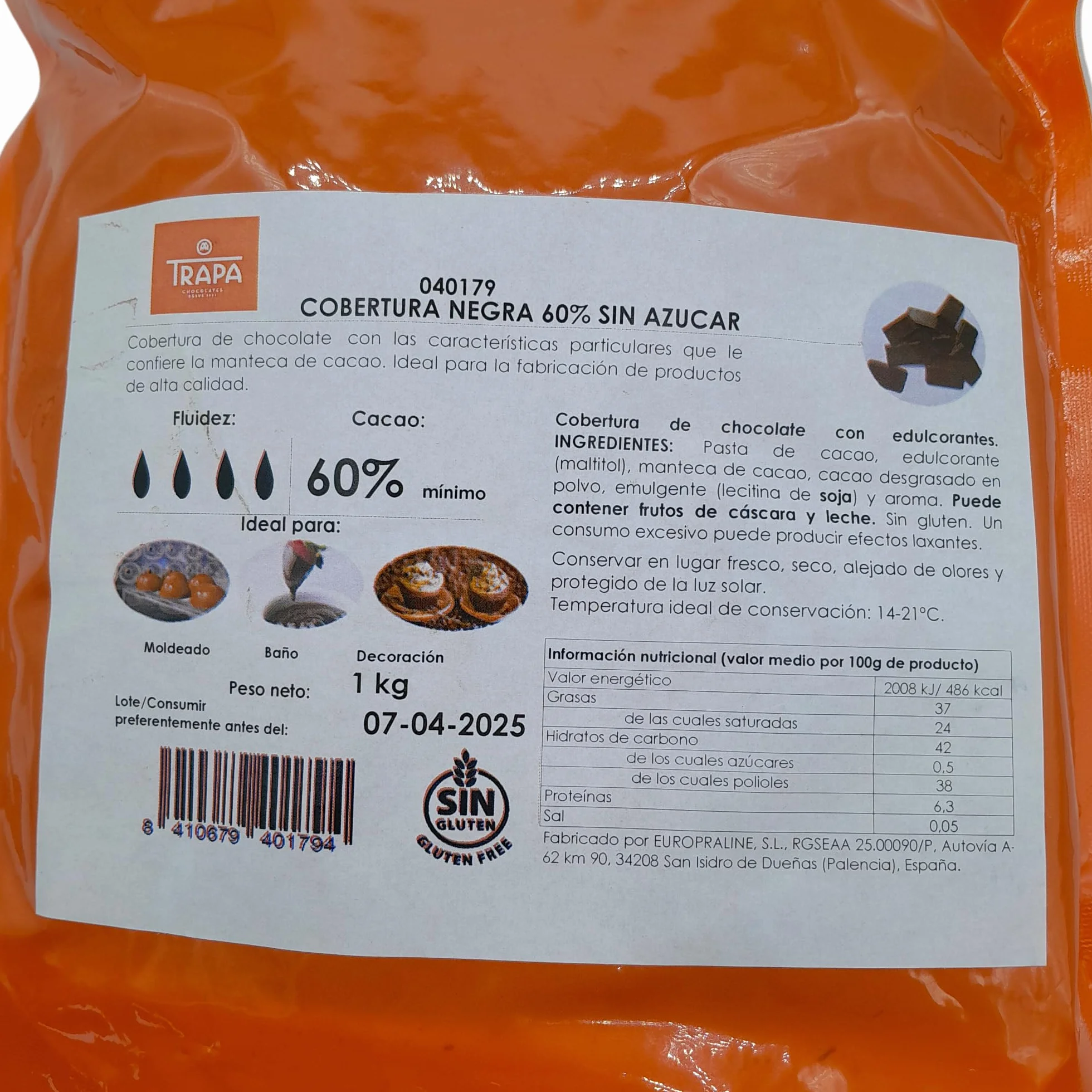 Trapa Cobertura Chocolate Negra Extra Noir 60% Sin Azucar Bolsa Kilo Gotas