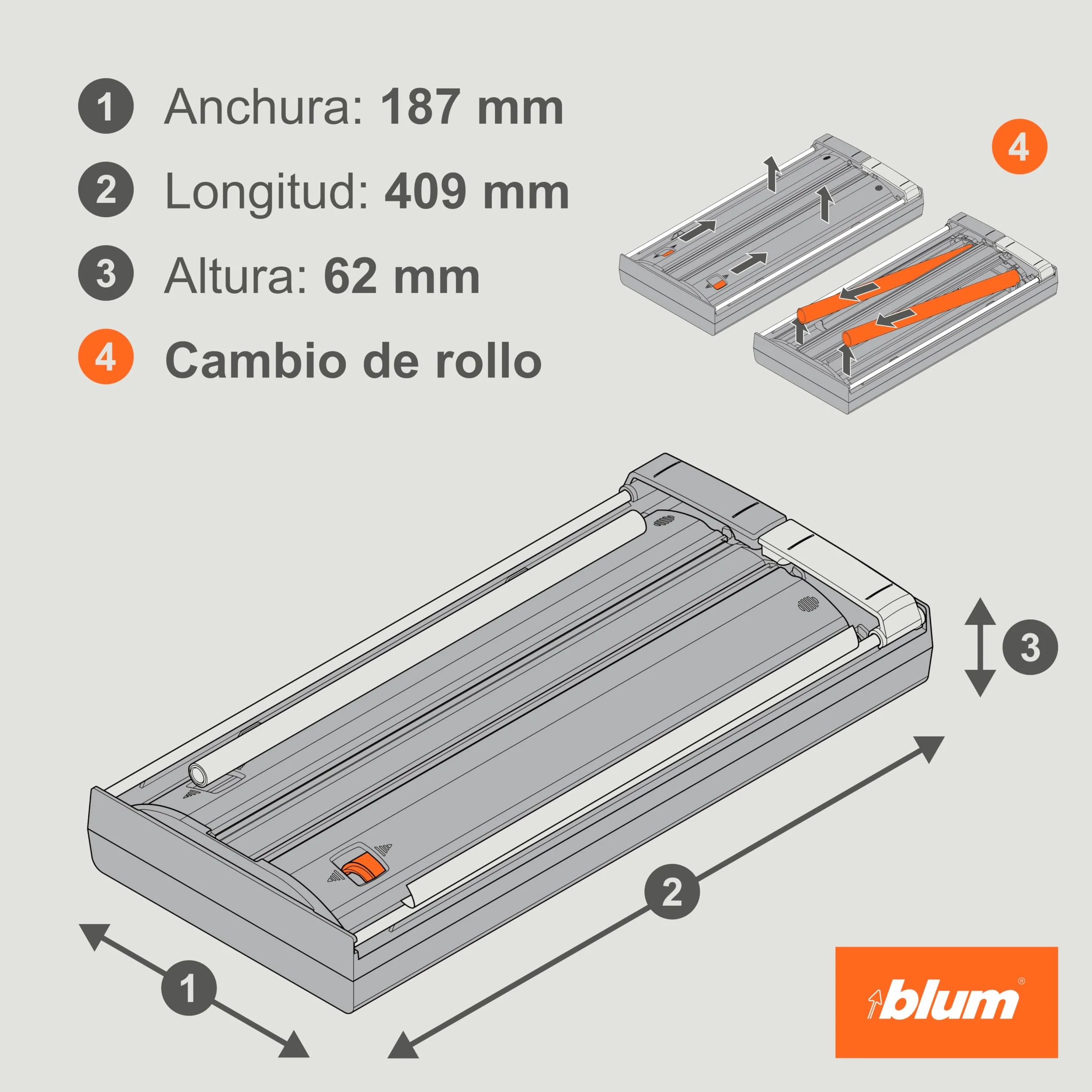 Cortador de papel de aluminio AMBIA-LINE de Blum ZC7C0000 Gris orión mate (ancho 187 mm altura 61,8 mm longitud 409 mm) Film transparente papel de aluminio para LEGRABOX