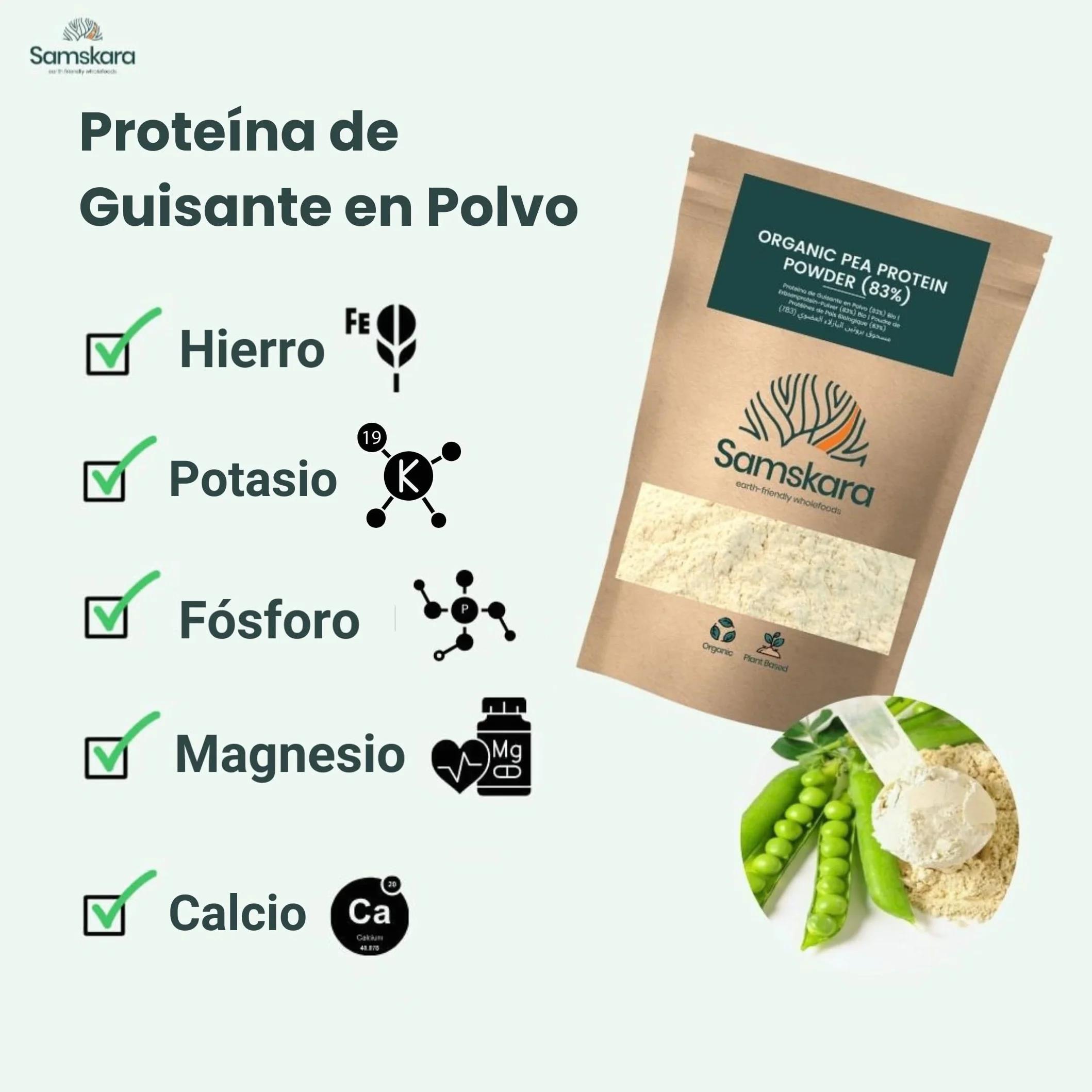 Proteina de Guisante BIO en Polvo 83% Fermentado Suave Sedoso 1kg